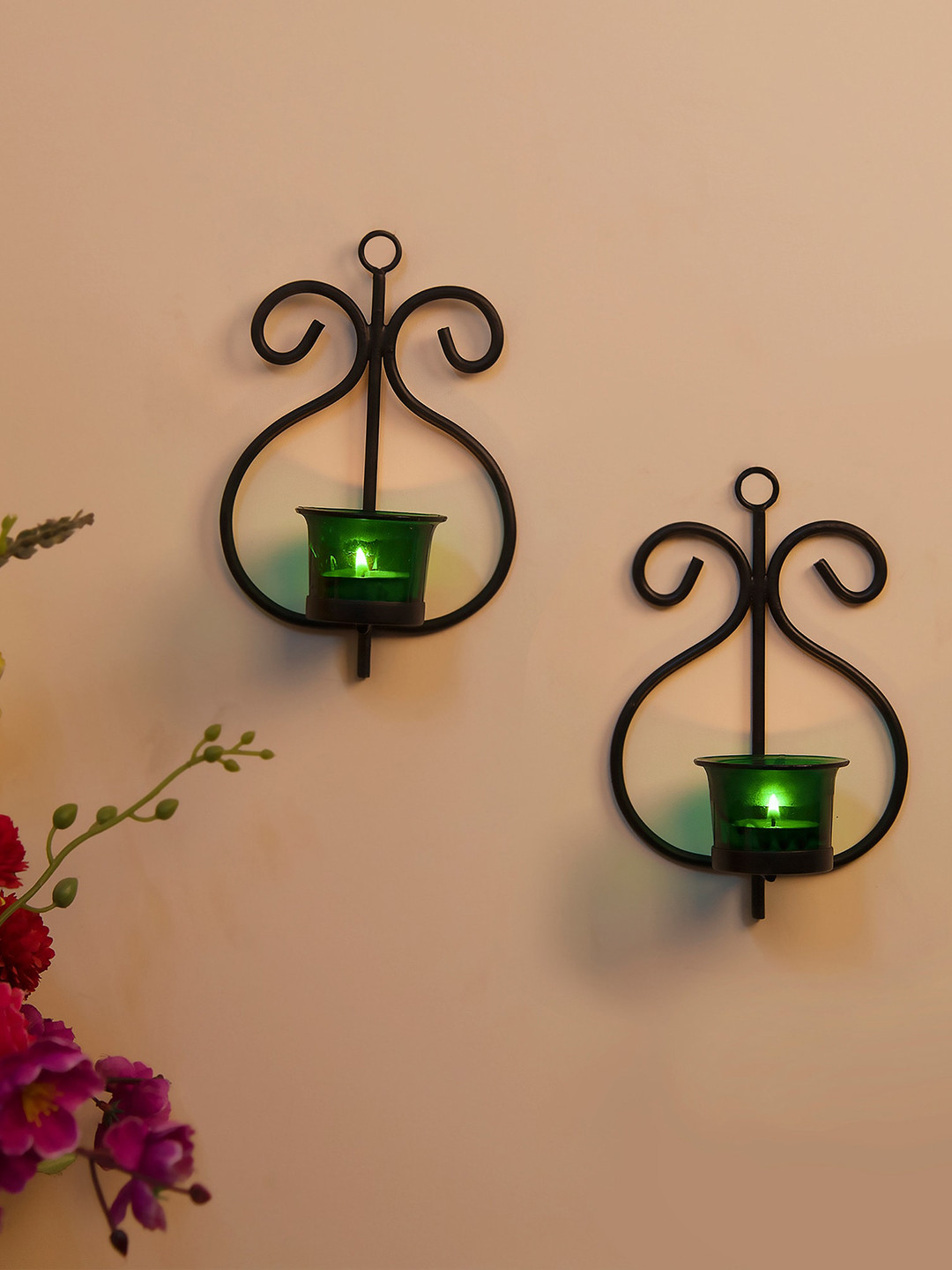 Homesake Set of 2 Black & Green Solid Tea-Light Candle Holder