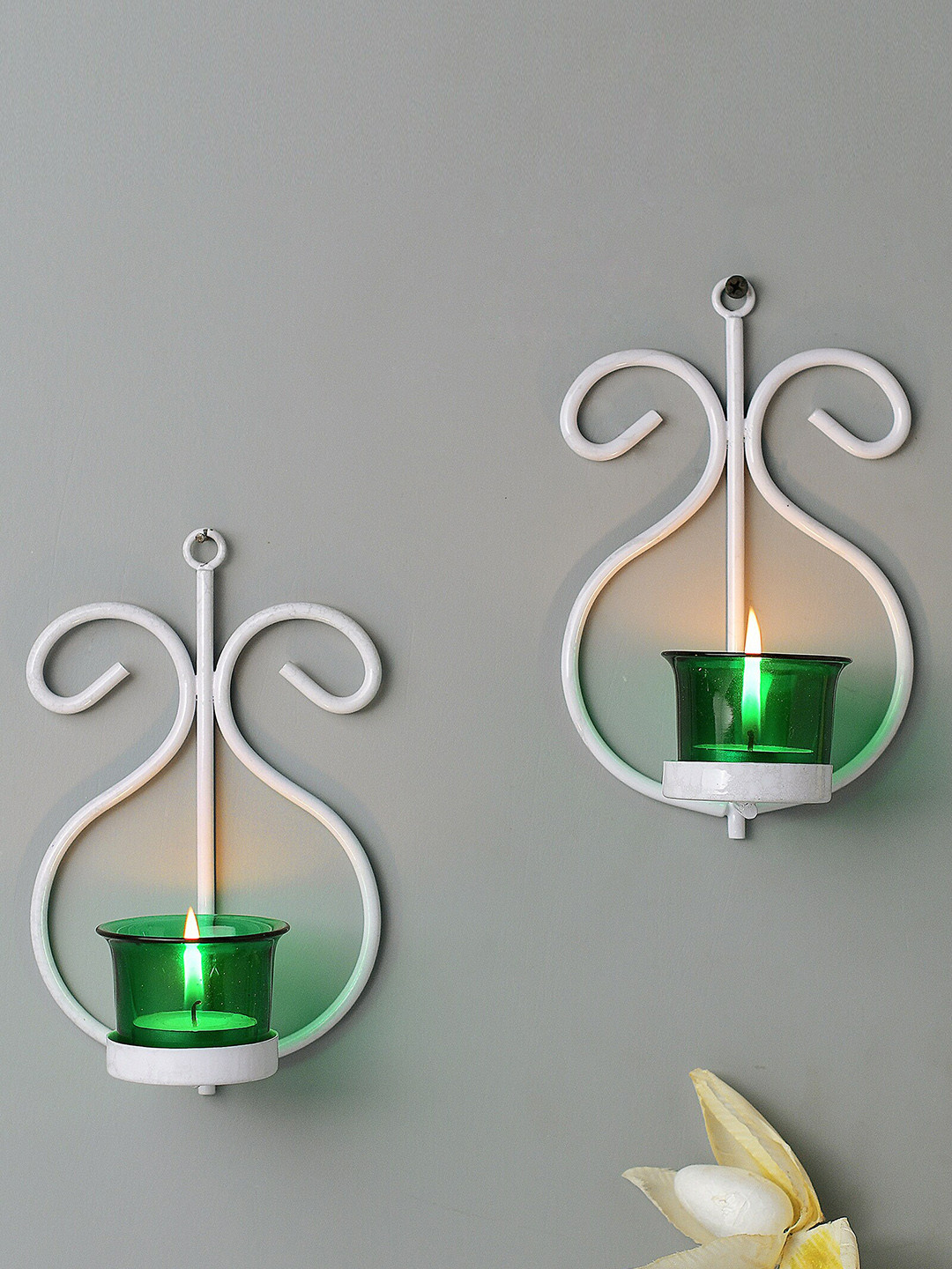 Homesake Set Of 2 White & Green Solid Wall Mounted Candle Holders