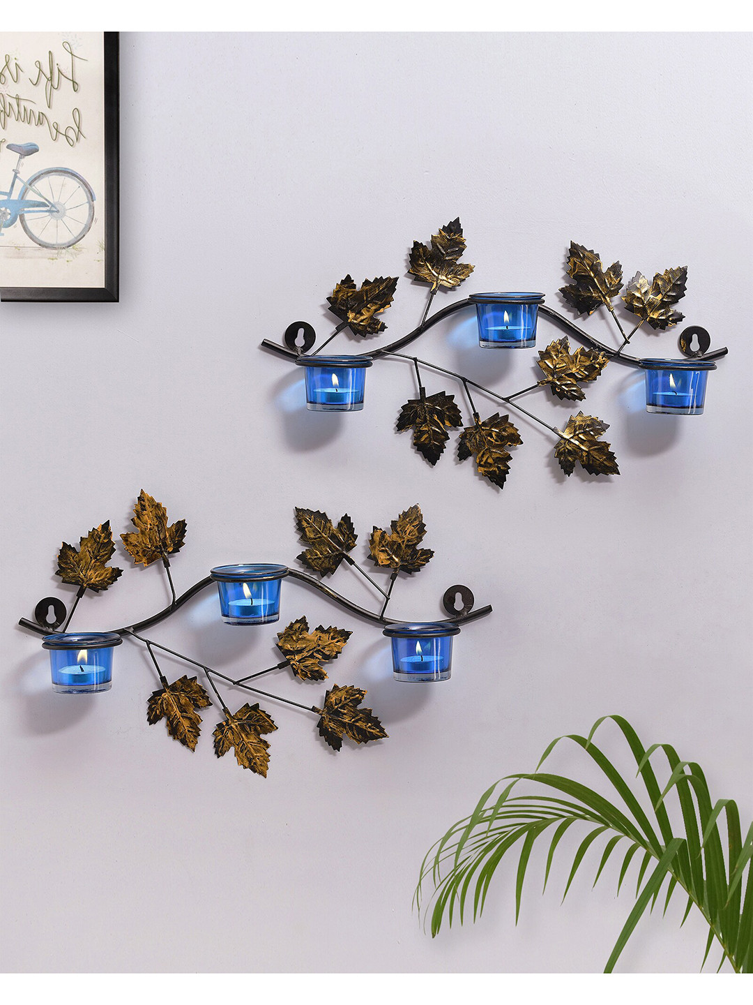 Homesake Pack Of 2  Blue & Gold-Toned Maple Branch Shaped Candle Holder