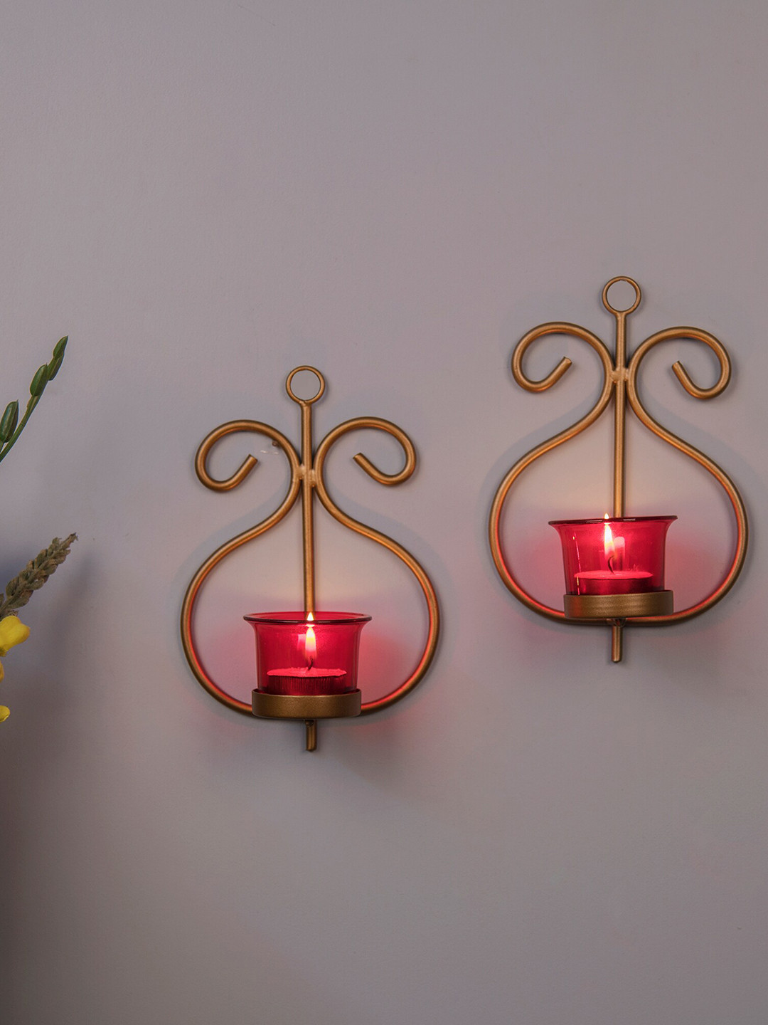 Homesake Gold -Toned Solid T-Light Wall Hanging Candle Set of 2  Holders