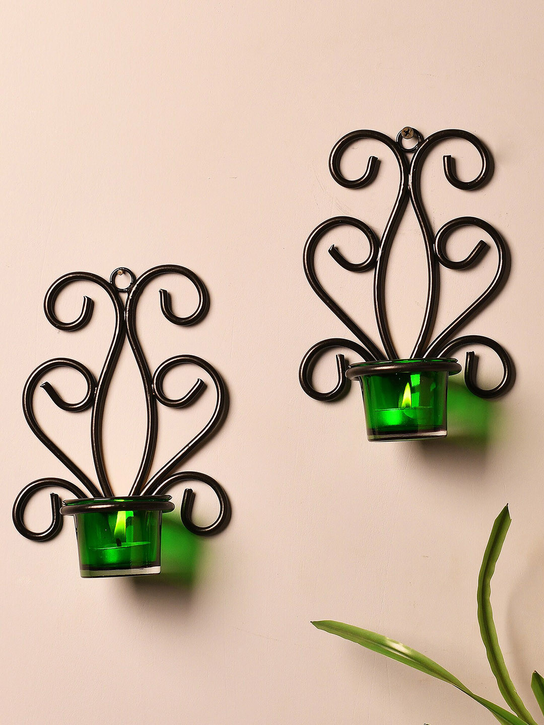 Homesake Set Of 2 Green & Black Wall Sconce With Glass Votive Candle Tealight Holders