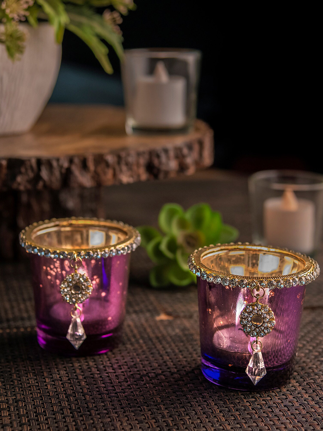 Homesake Set of 2 Gold-Toned & Violet Solid T-Light Candle Holders