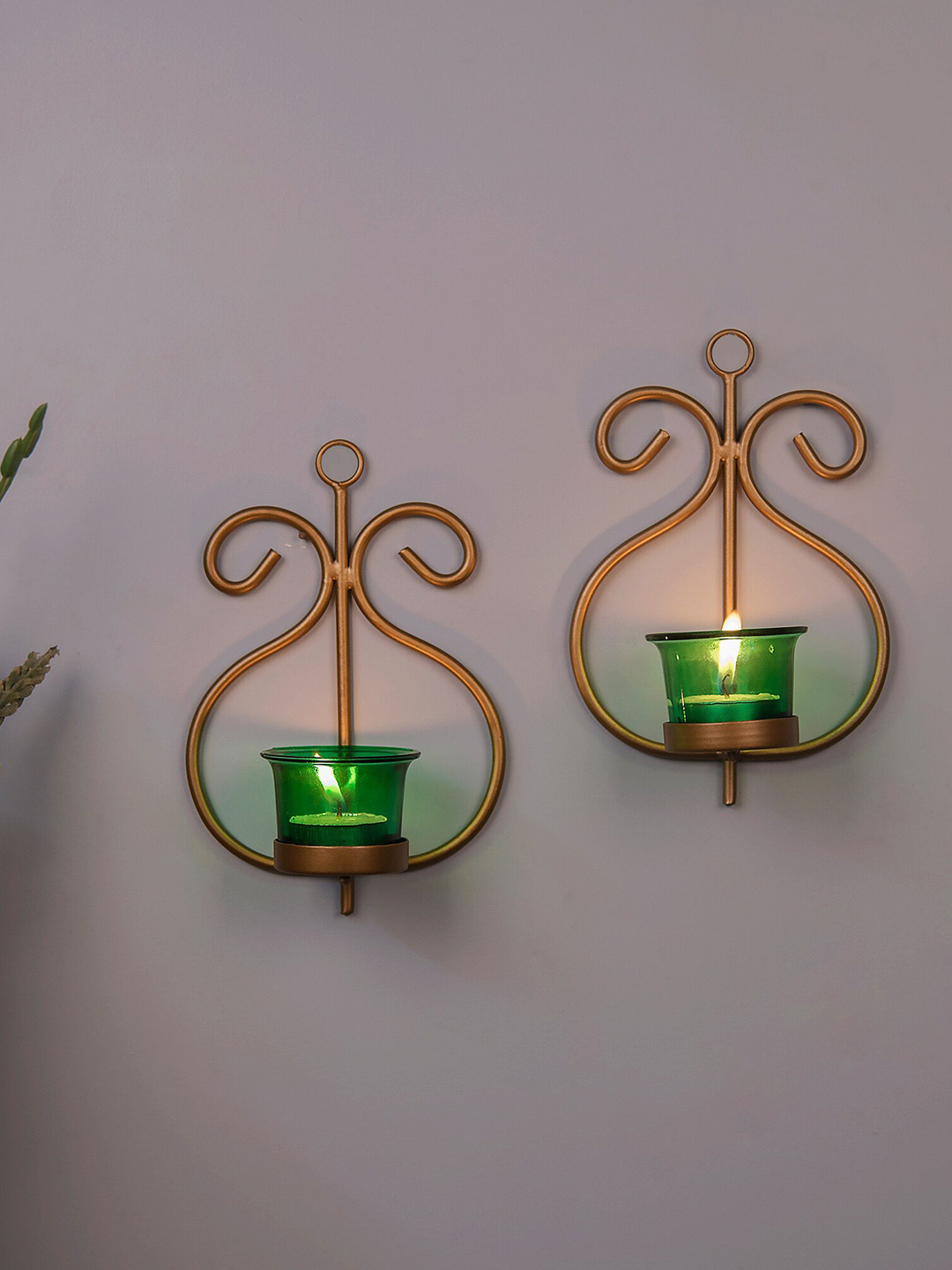 Homesake Set Of 2 Gold-Toned & Green Candle Holders With T-light Candles