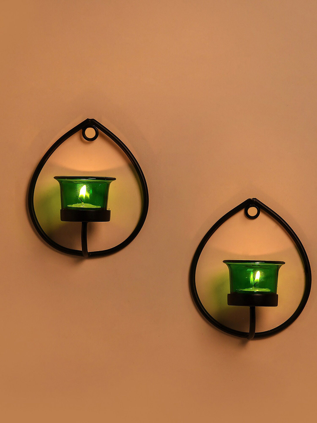 Homesake Adults Set Of 2 Black & Green Drop Wall Glass Candle Holders