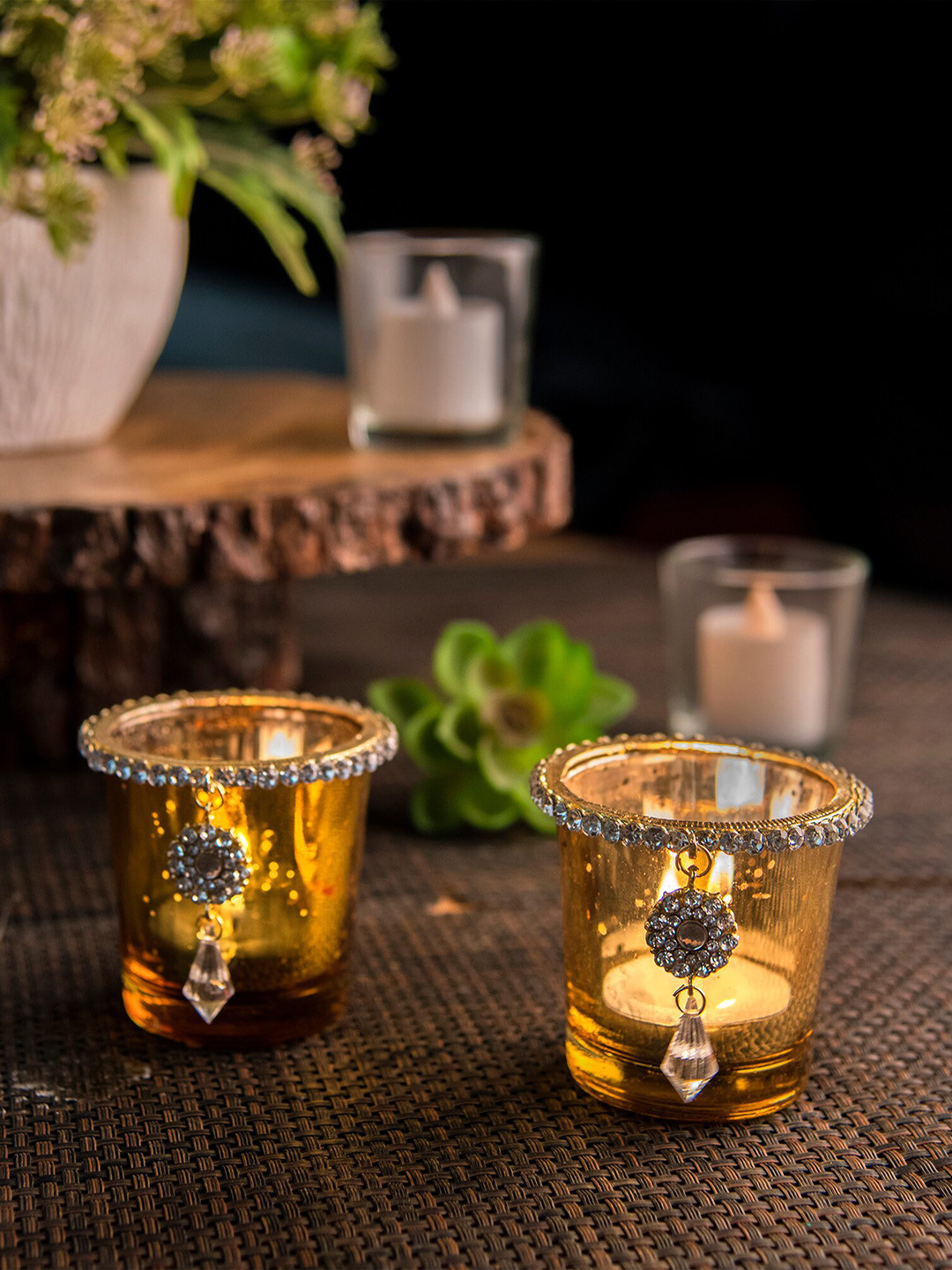 Homesake Set of 2 Gold-Toned Glass Votive with Jewel Ring and Dangler