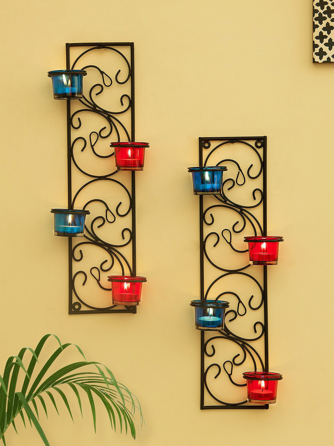 Homesake Set Of 2 Black Solid Metal Wall Hanging Twisted Petals Tea Light Candle Holders