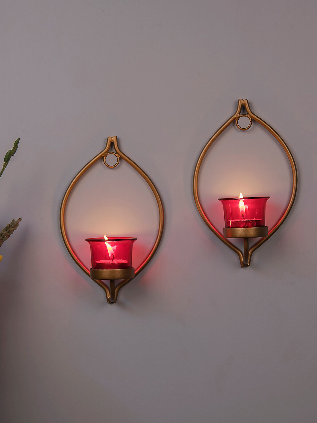Homesake Set Of 2 Gold-Toned & Red Solid T-Light Candle Holders
