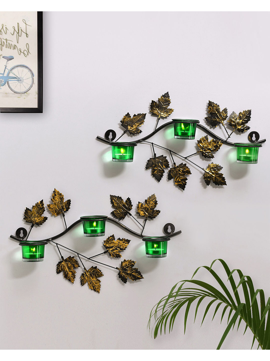 Homesake Set Of 2 Green & Copper-Toned Maple Leaf Shaped Wall Mounted Candle Holders