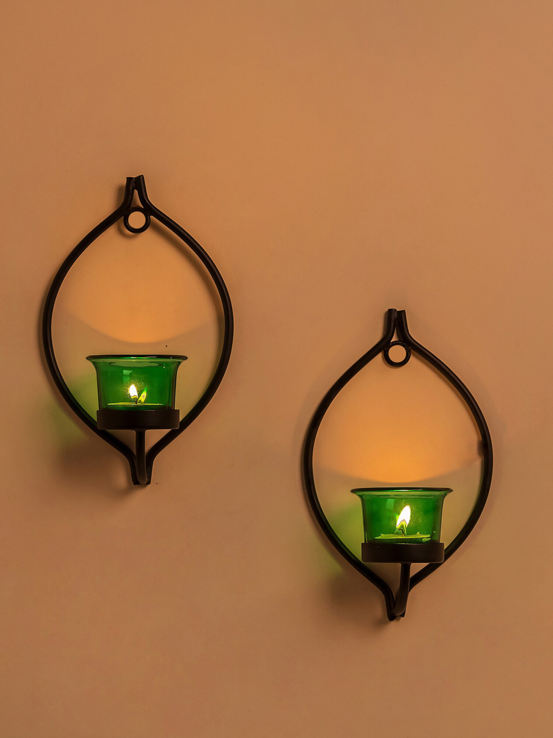 Homesake Set of 2 Black Candle Holder With Green Glass and T-light Candles