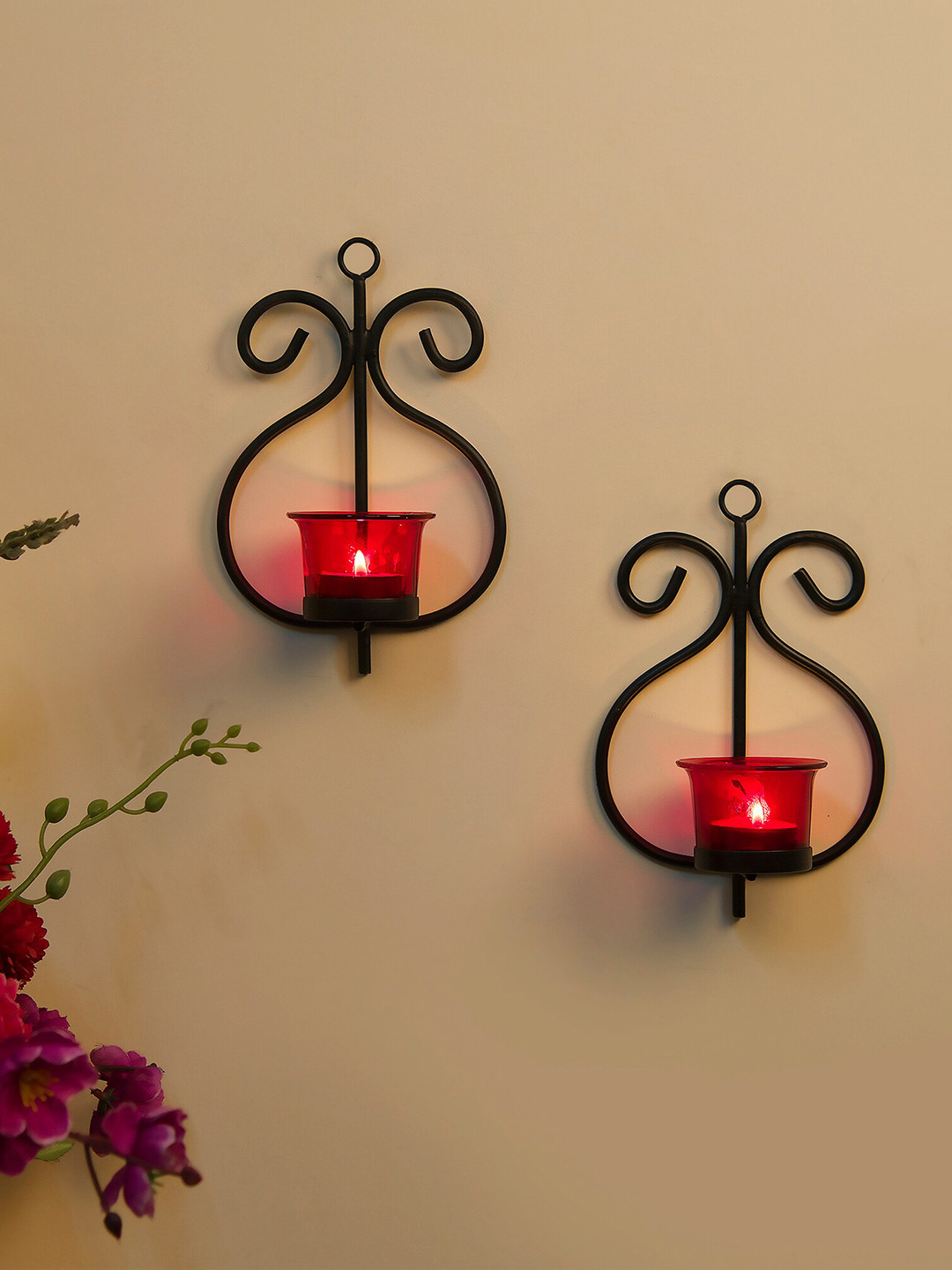 Homesake Set Of 2 Black & Red Solid T-Light Candle Holders