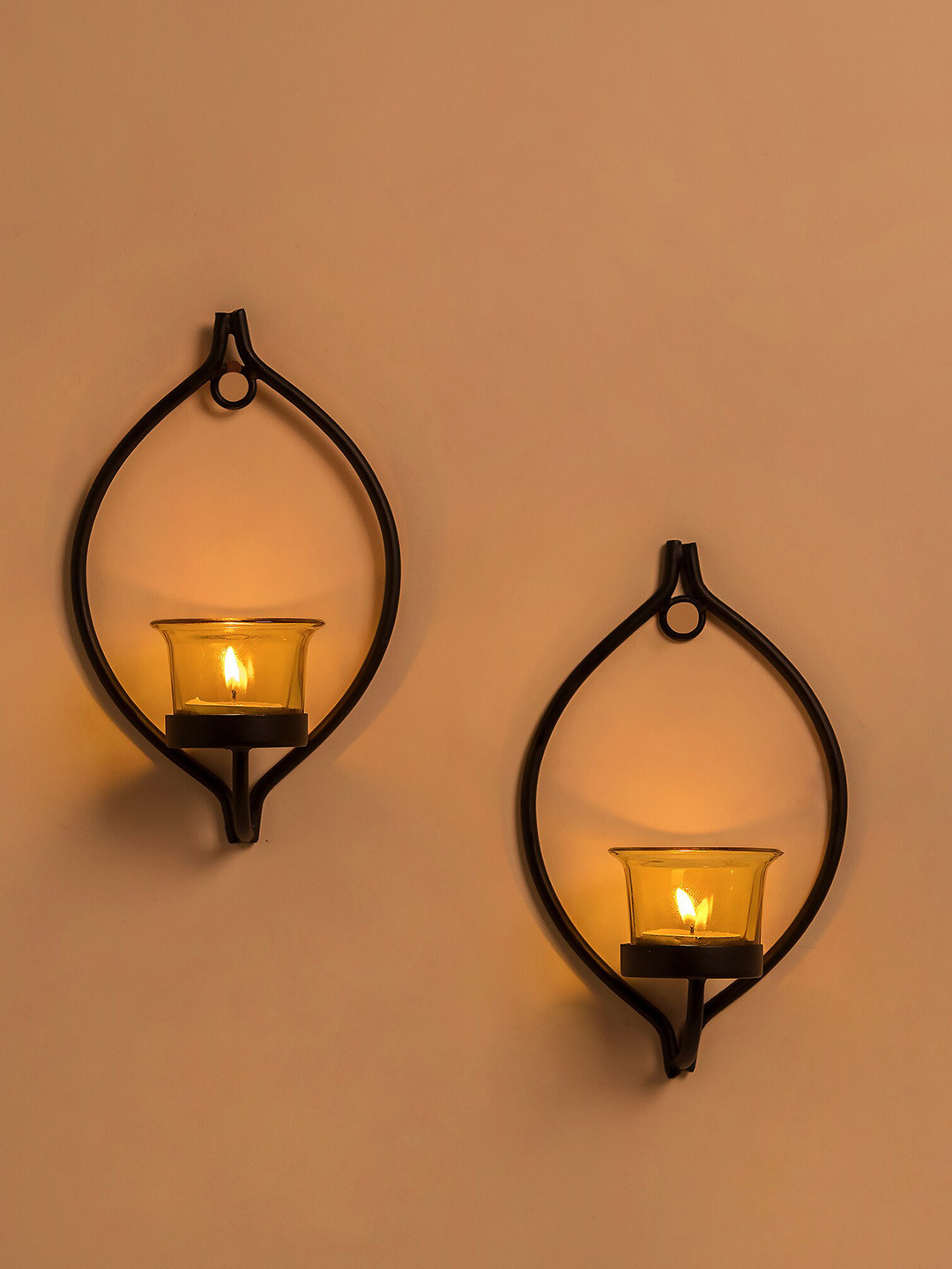 Homesake Set Of 2 Black Solid Decorative Candle Holders With Glass and T-light Candles