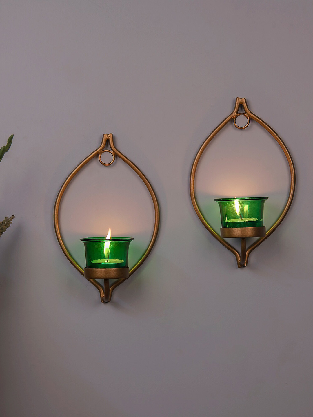Homesake Set Of 2 Gold-Toned & Green Metal Candle Holders