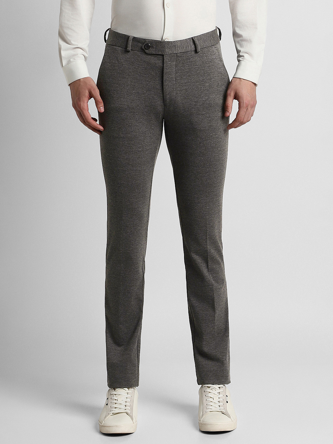 Peter England Men Grey Textured Slim Fit Trousers