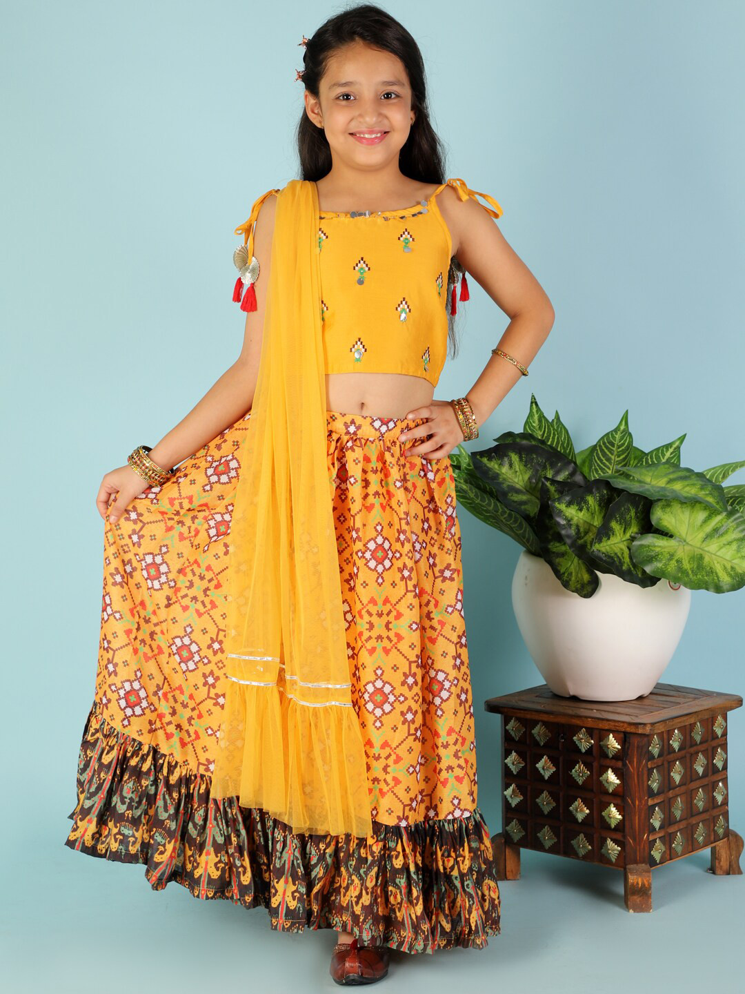 LIL DRAMA Girls Yellow & Green Embellished Ready to Wear Lehenga & Blouse With Dupatta