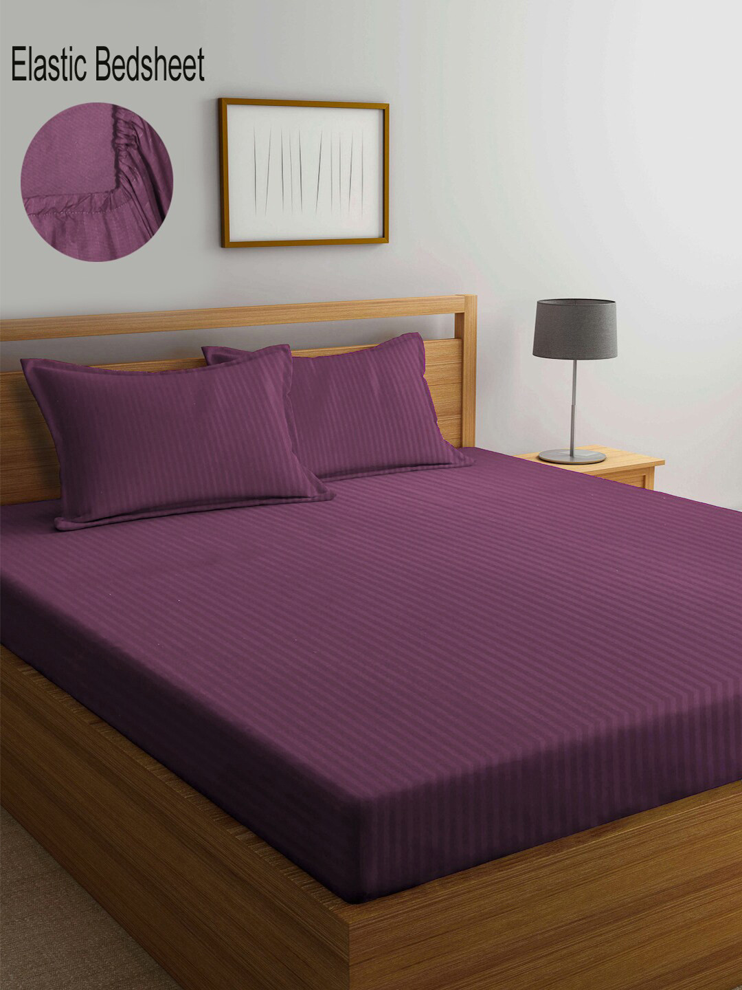 KLOTTHE Magenta Striped Cotton 300 TC Fitted King Fine Bedsheet with 2 Pillow Covers-106 x 106 inches