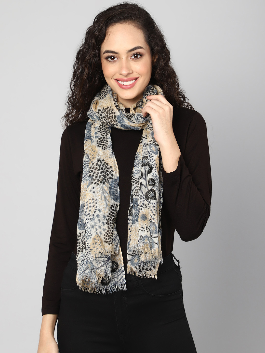 Aditi Wasan Women Off White & Black Printed Stole With Silver Zari Thread