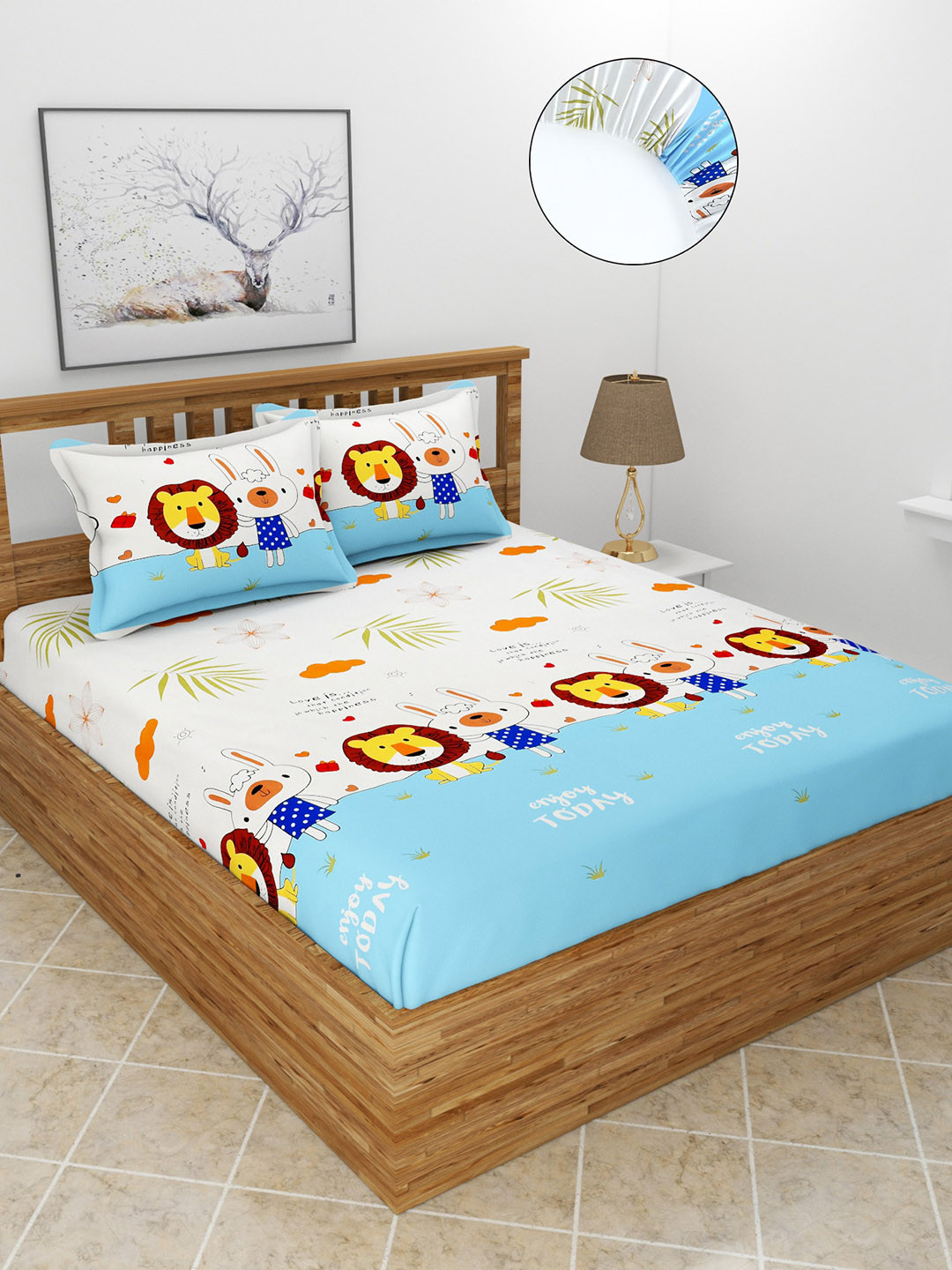 MORADO Blue Conversational Polycotton 210 TC Fitted Queen Fine Bedsheet with 2 Pillow Covers-198.12 x 182.88 x 15.24 cm