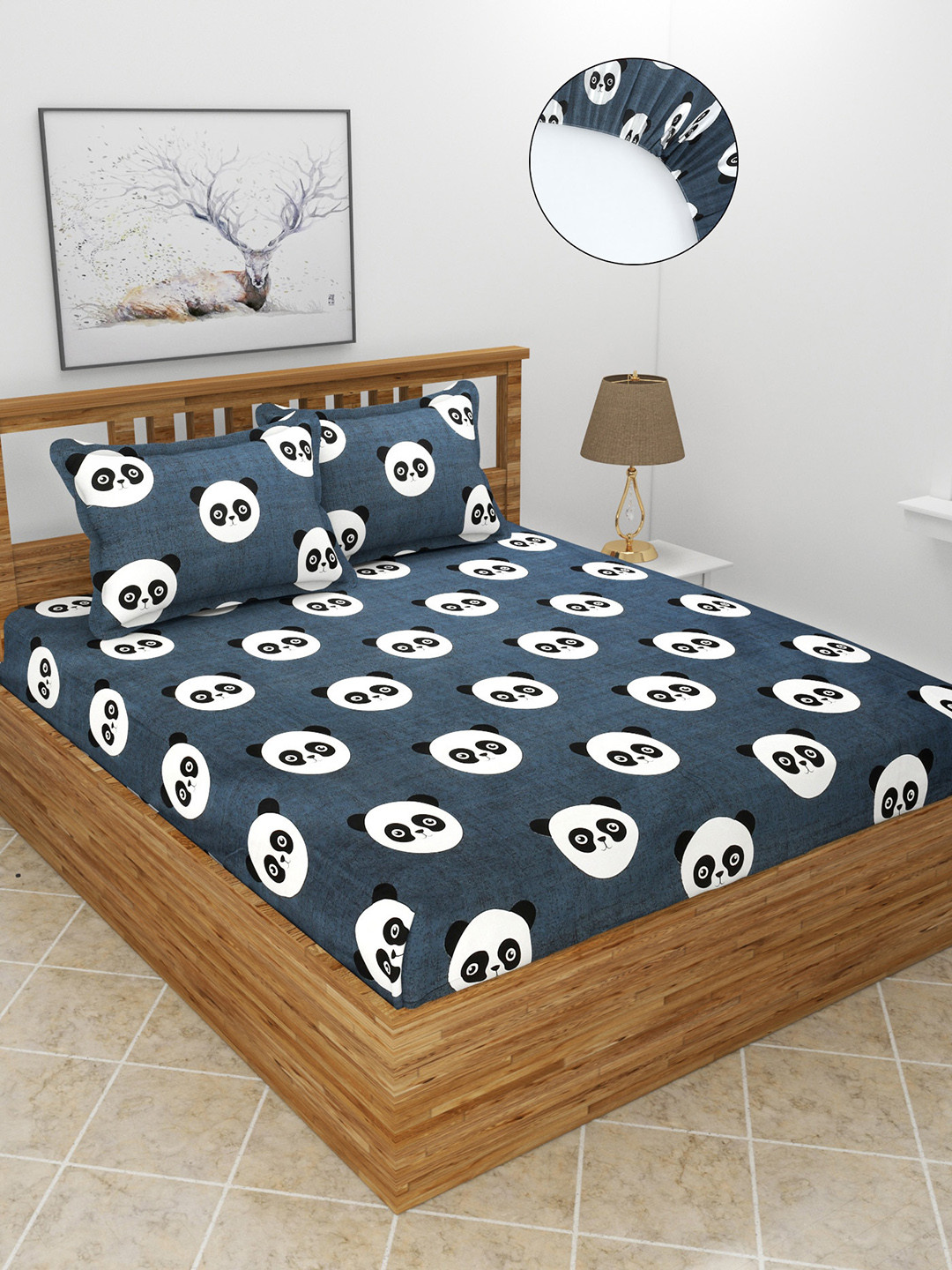 MORADO Kidze Black Conversational Polycotton 210 TC Fitted Queen Fine Bedsheet with 2 Pillow Covers-198 x 182 cm