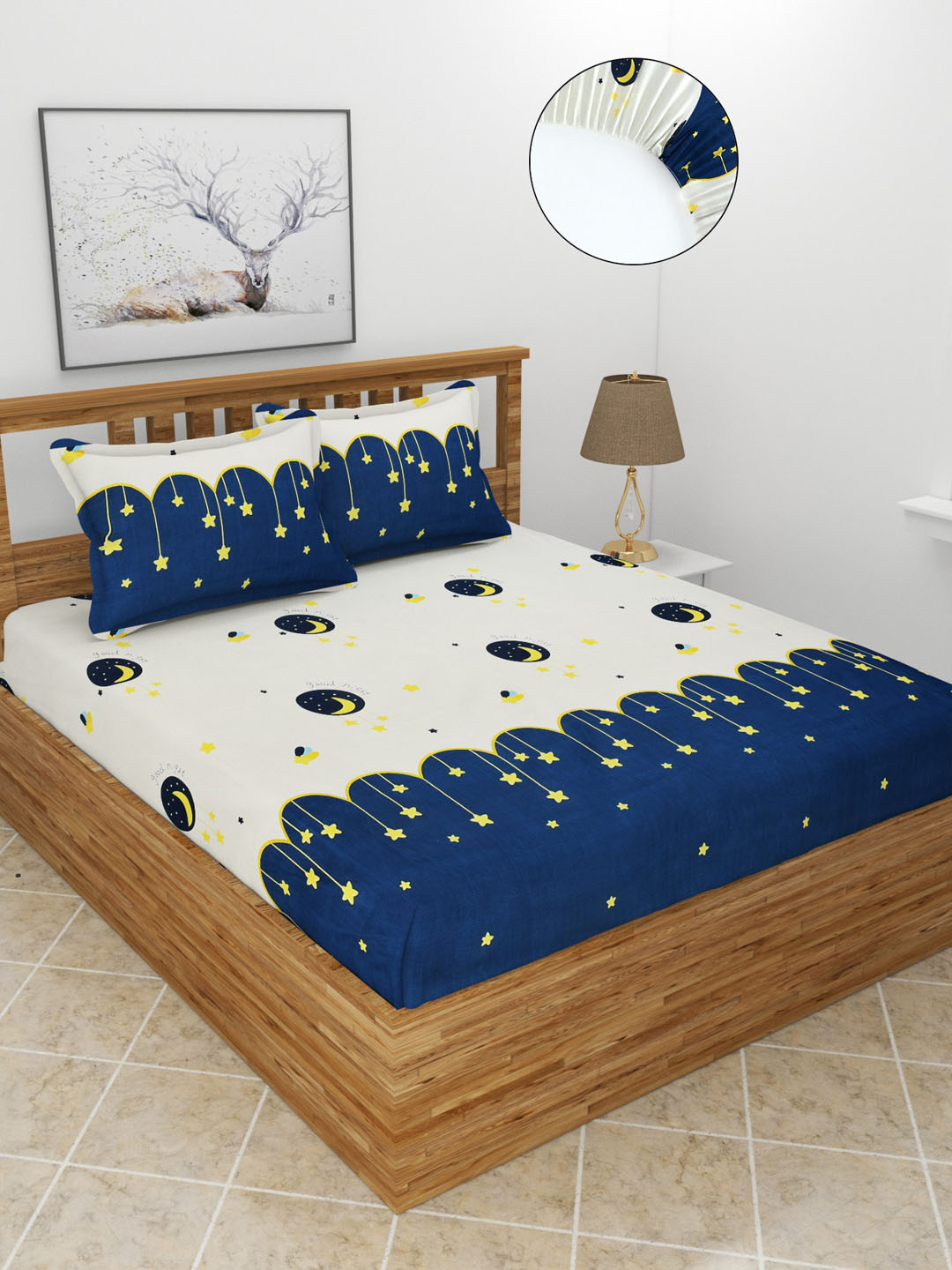 MORADO Blue Conversational Polycotton 210 TC Fitted Queen Fine Bedsheet with 2 Pillow Covers-198.12 x 182.88 x 15.24 cm