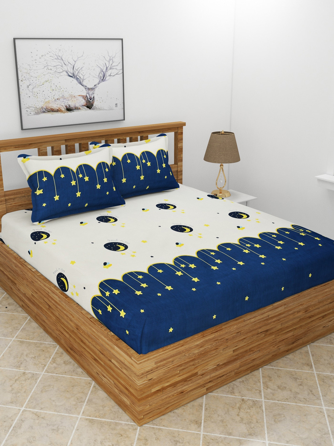 MORADO Mickey Mouse Blue Conversational Polycotton 210 TC Queen Fine Bedsheet with 2 Pillow Covers-100 x 90 inches