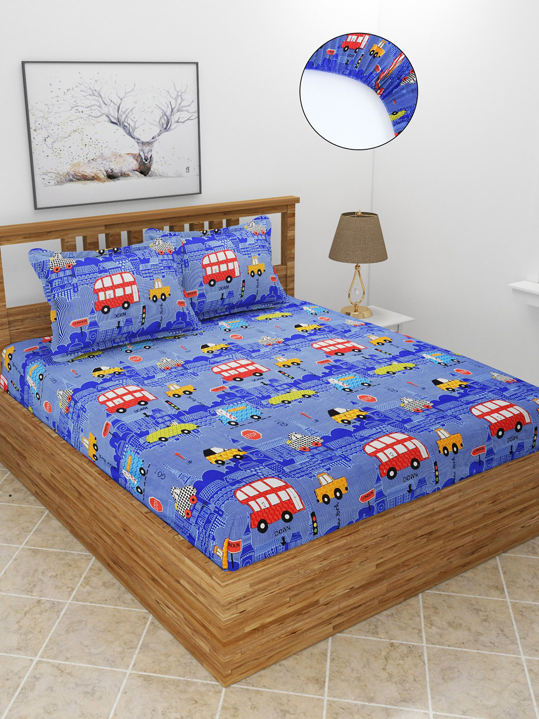 MORADO Kidze Blue Conversational Polycotton 210 TC Fitted Queen Fine Bedsheet with 2 Pillow Covers-360 x 72 inches