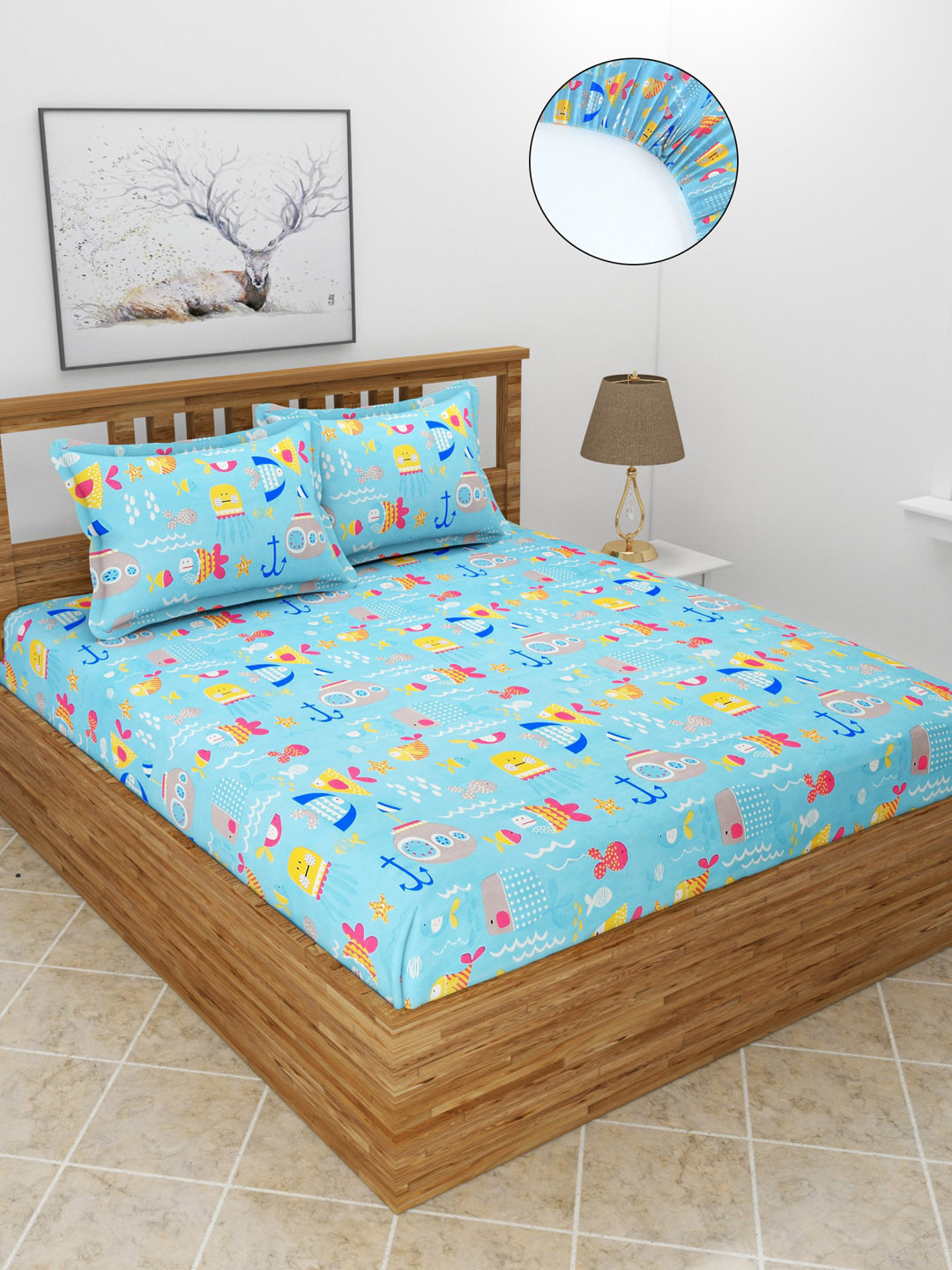 MORADO Kidze Blue Conversational Polycotton 210 TC Fitted Queen Fine Bedsheet with 2 Pillow Covers-78 x 72 inches