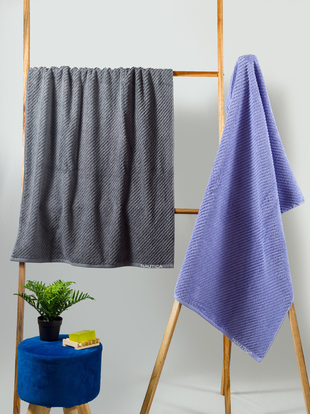 Nautica Set Of 2 Grey & Purple Solid Pure Cotton 600 GSM Bath Towels