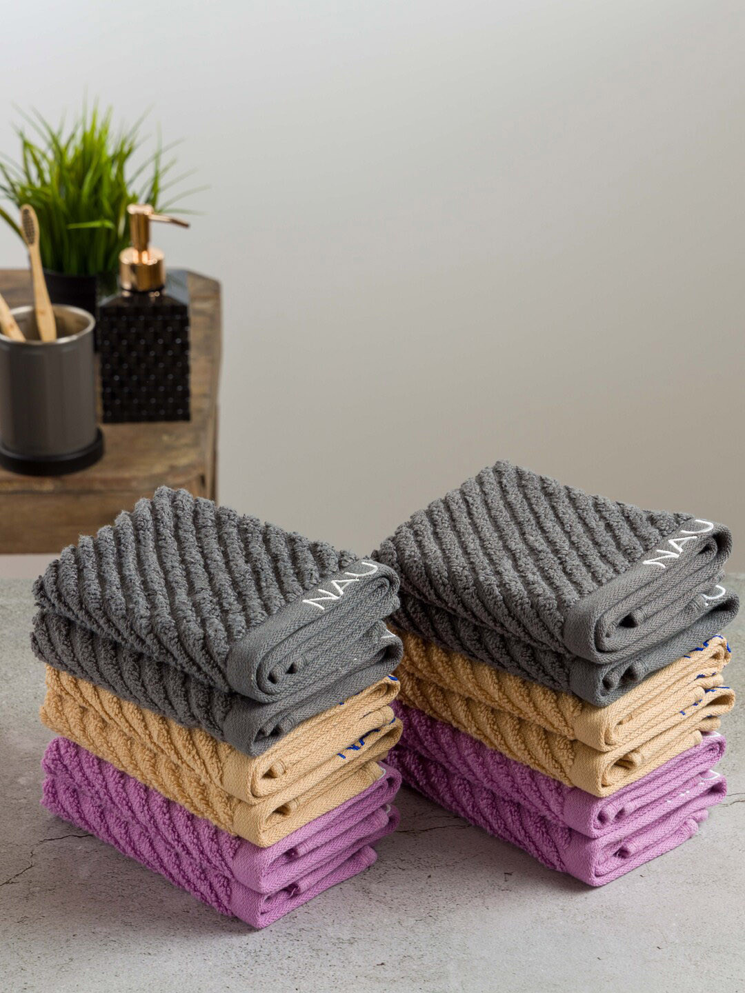 Nautica  Purple And Grey Set Of 12 Solid 600 GSM Pure Cotton Face Towels
