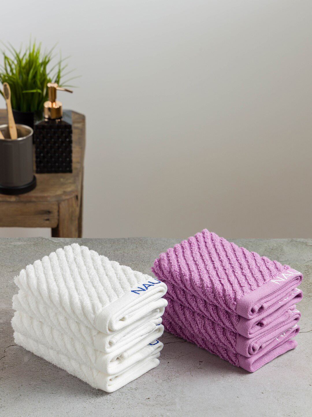 Nautica Set Of 8 White And Lavender Solid 600 GSM Pure Cotton Face Towels