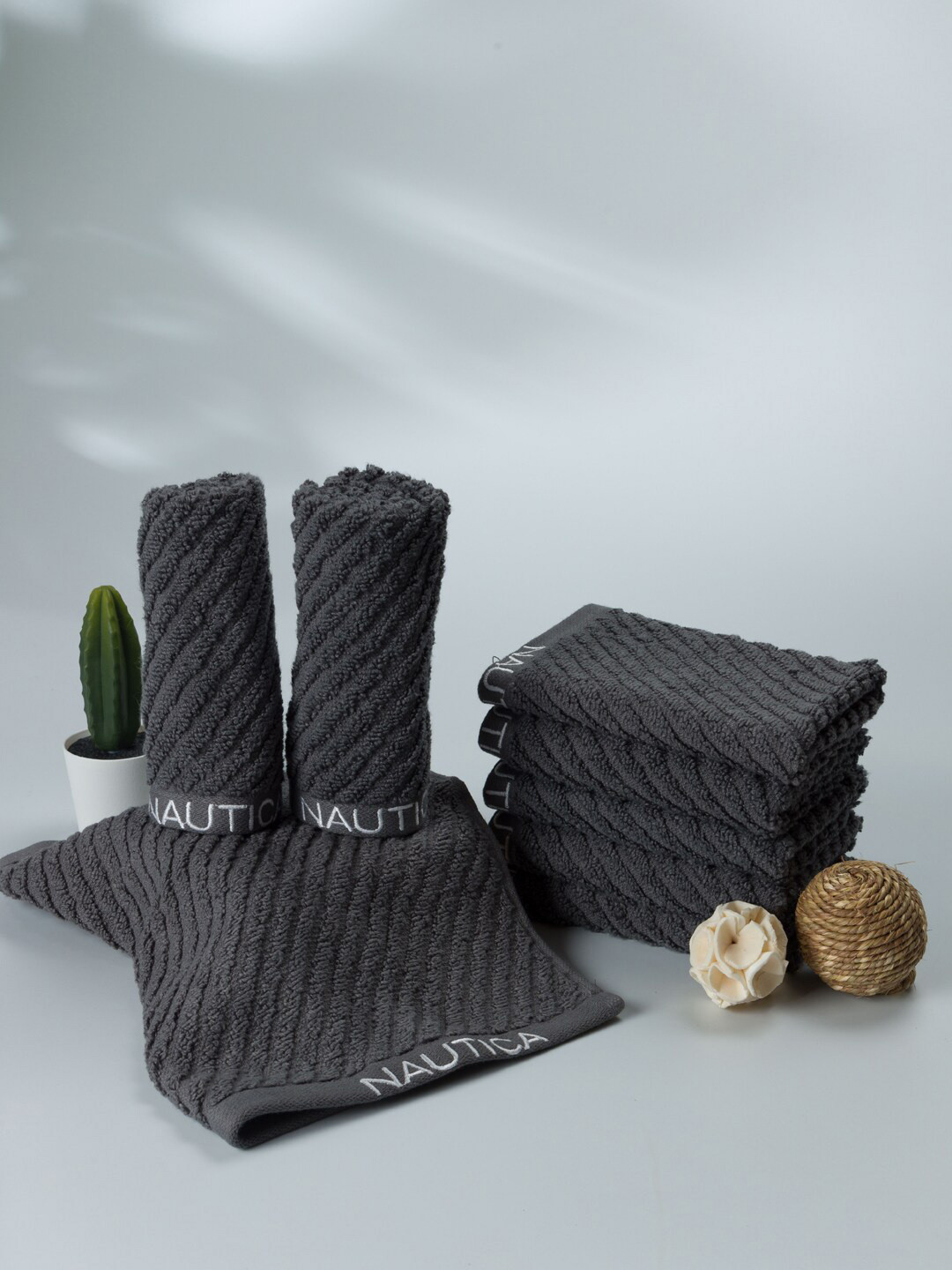Nautica Grey Set Of 8 Solid 600 GSM Pure Cotton Face Towels
