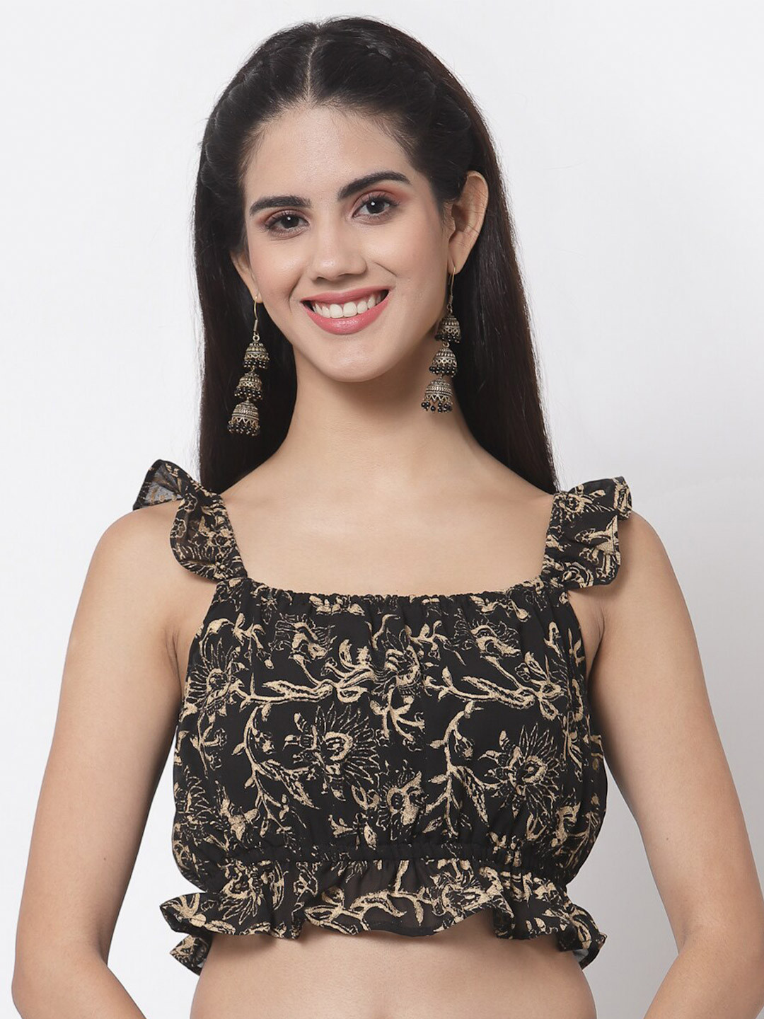 studio rasa Black Floral Print Ruffles Georgette Blouson Crop Top