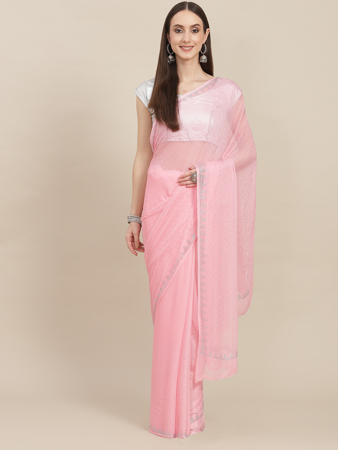 ZARI Pink Stones Embedded Pure Chiffon Saree