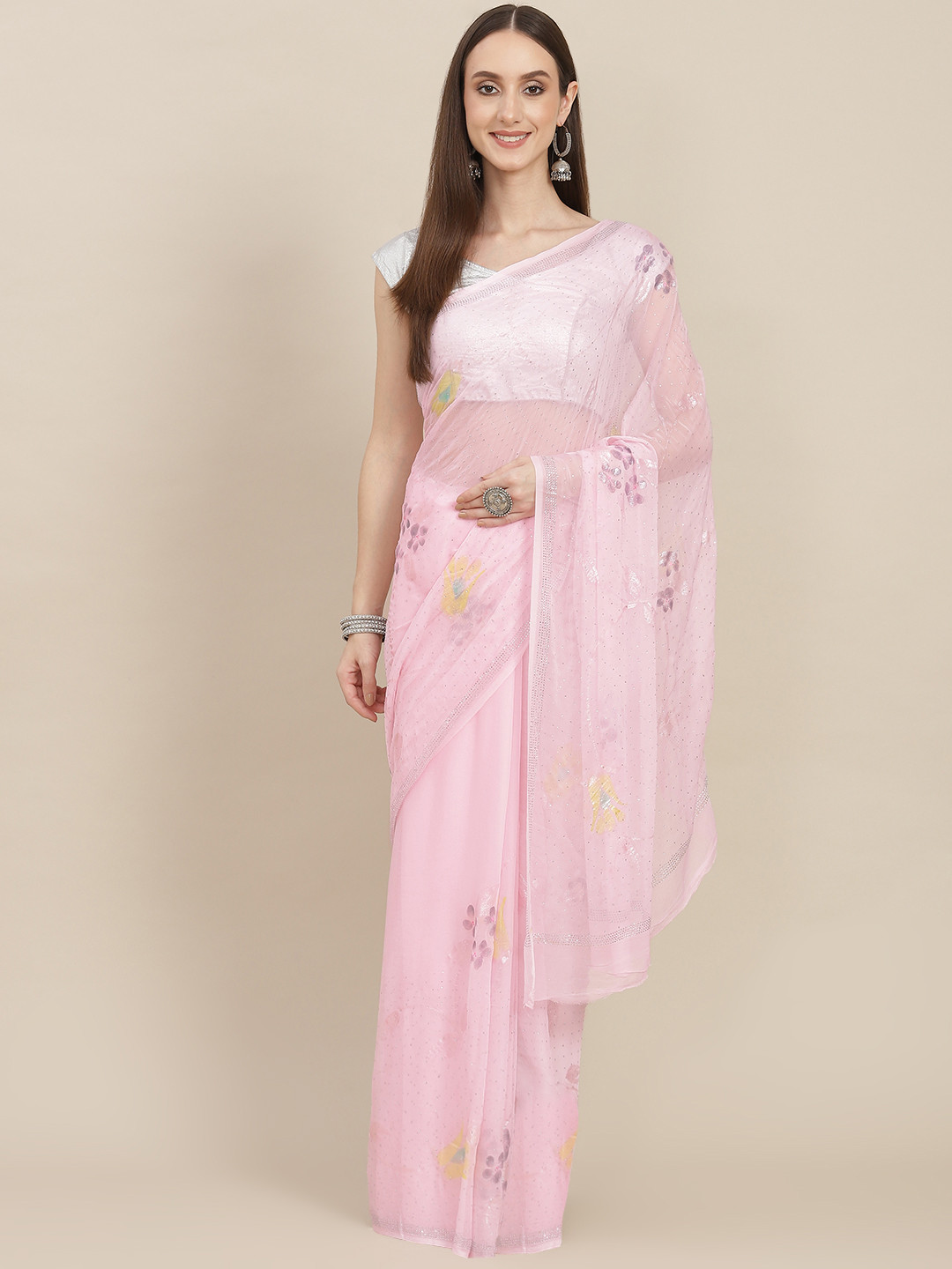 ZARI Pink Floral Print Stones Embedded Pure Chiffon Saree