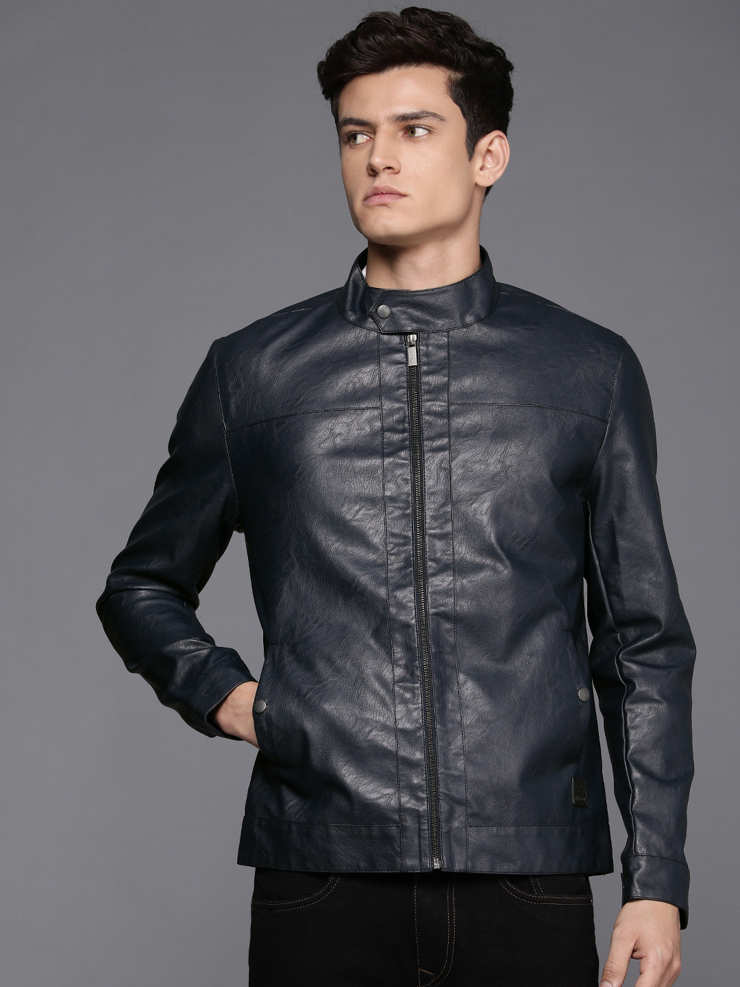 WROGN Men Navy Blue Solid Biker Jacket