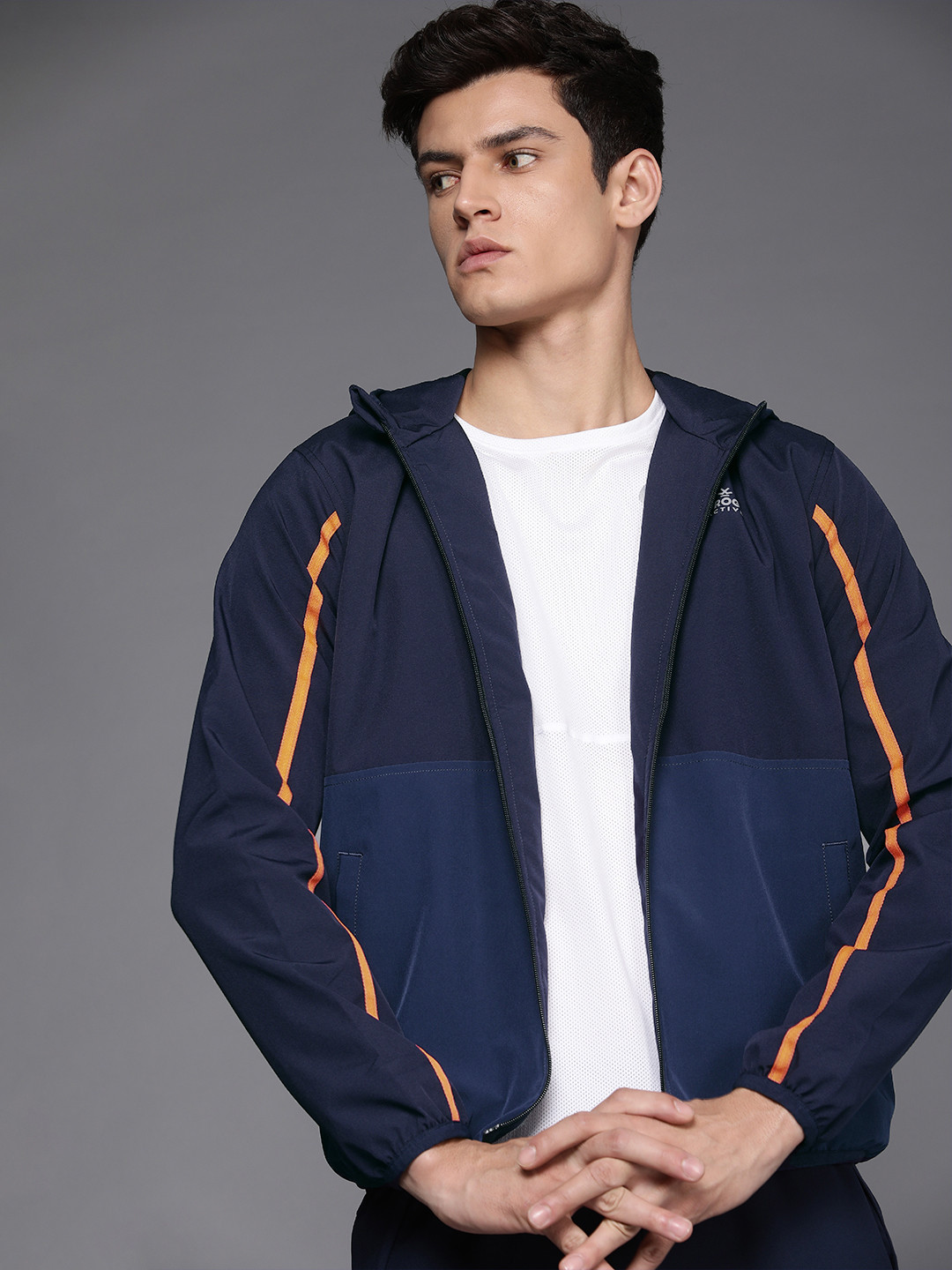 WROGN ACTIVE Men Blue Colourblocked Hooded Sporty Jacket