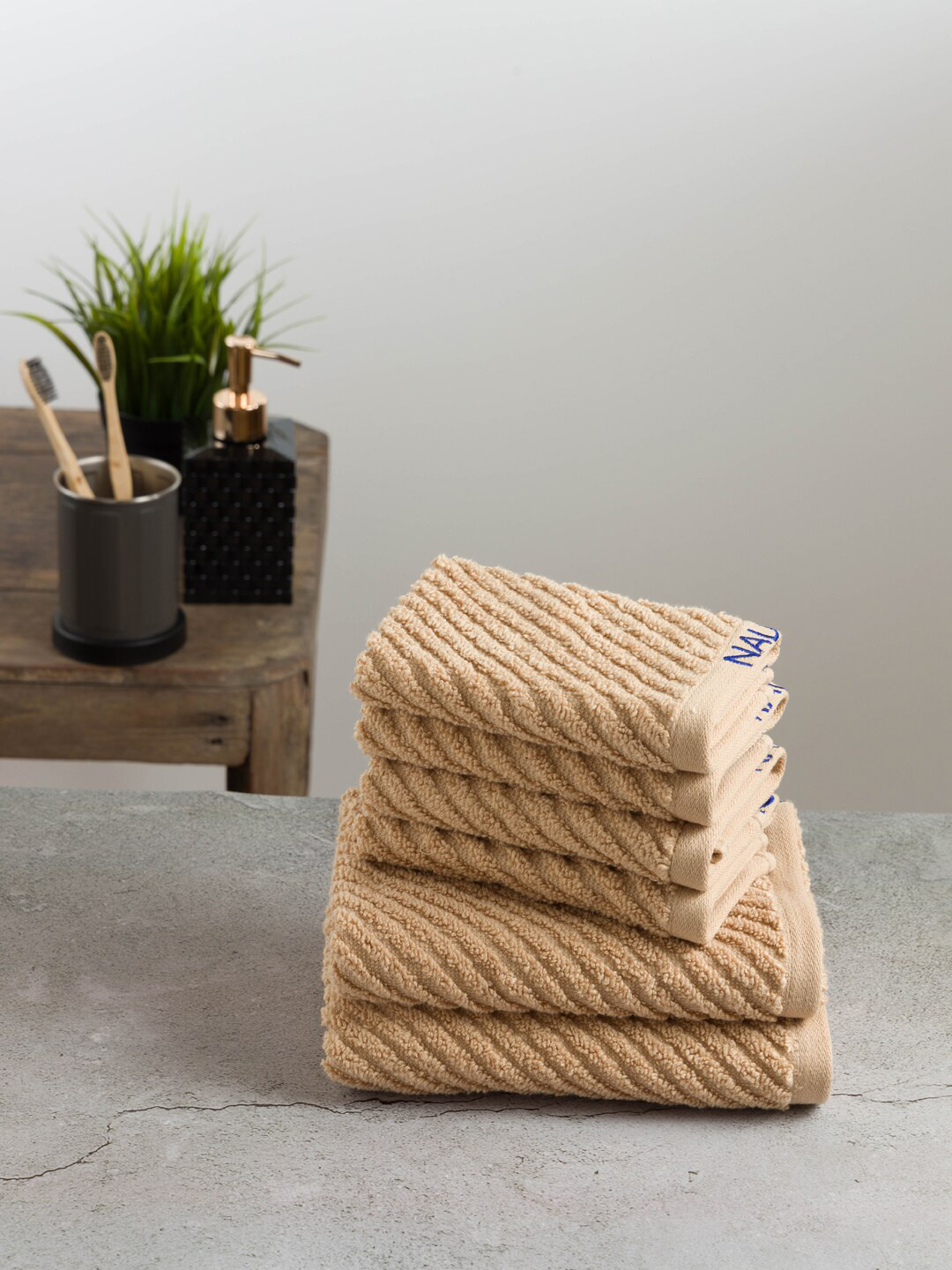 Nautica Set Of 6 Beige Self Design Cotton 600 GSM Towel Set