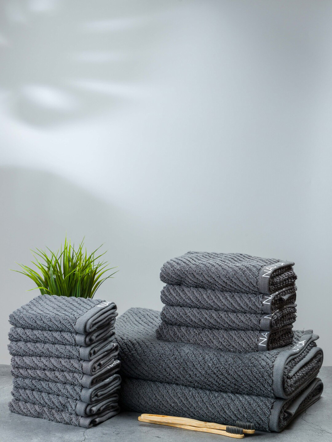 Nautica Grey Set Of 14 Striped Cotton 600 GSM Towel Set