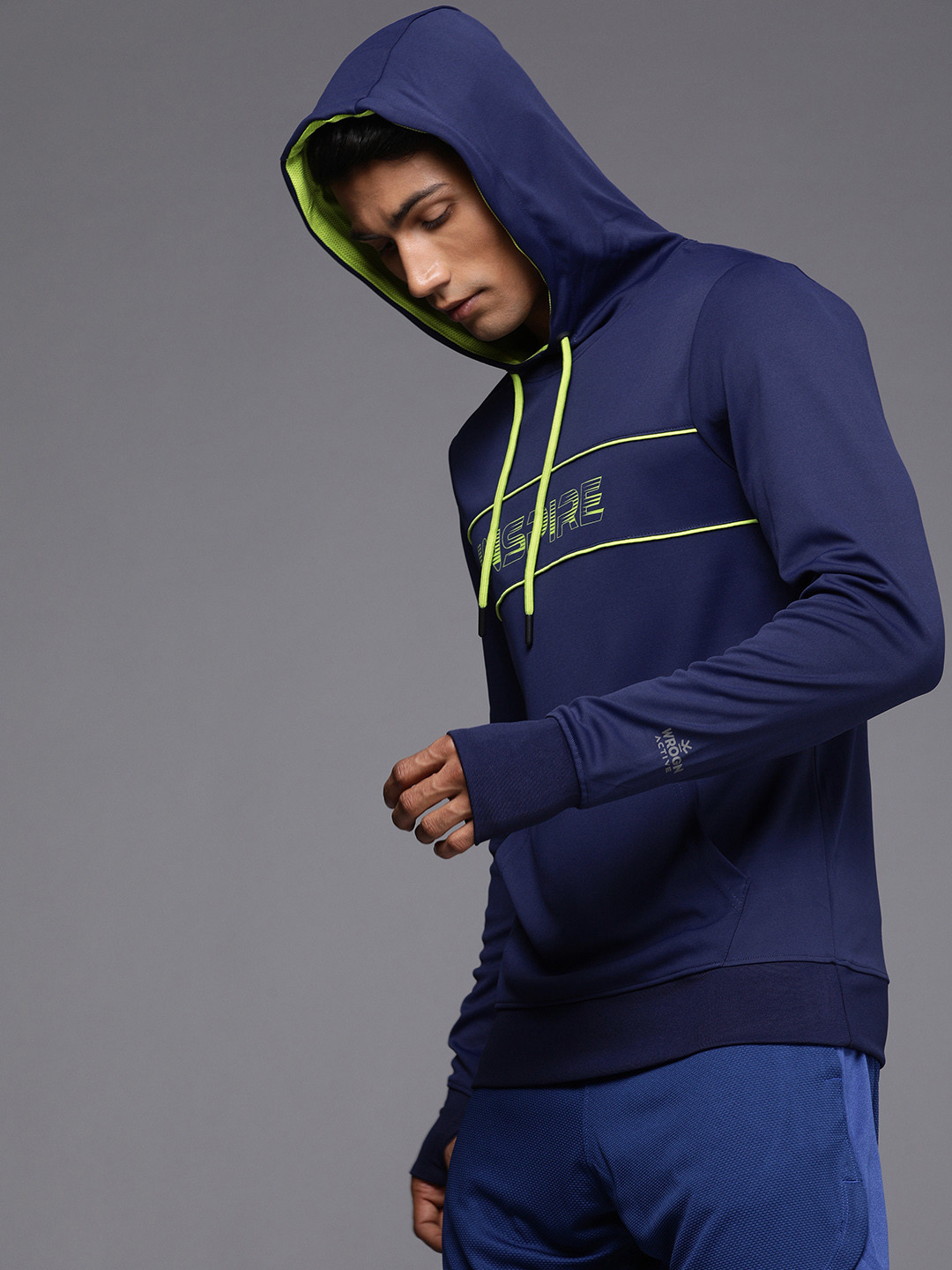 WROGN ACTIVE Men Blue Typography Printed Hooded Sweatshirt