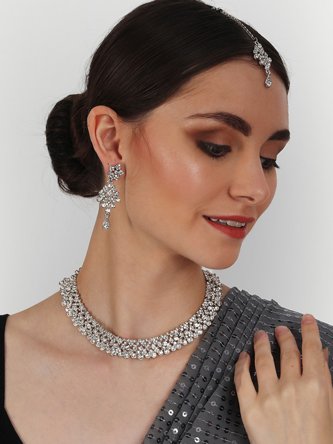 Atasi International  Silver-Plated White Crystal Studded  Jewellery Set