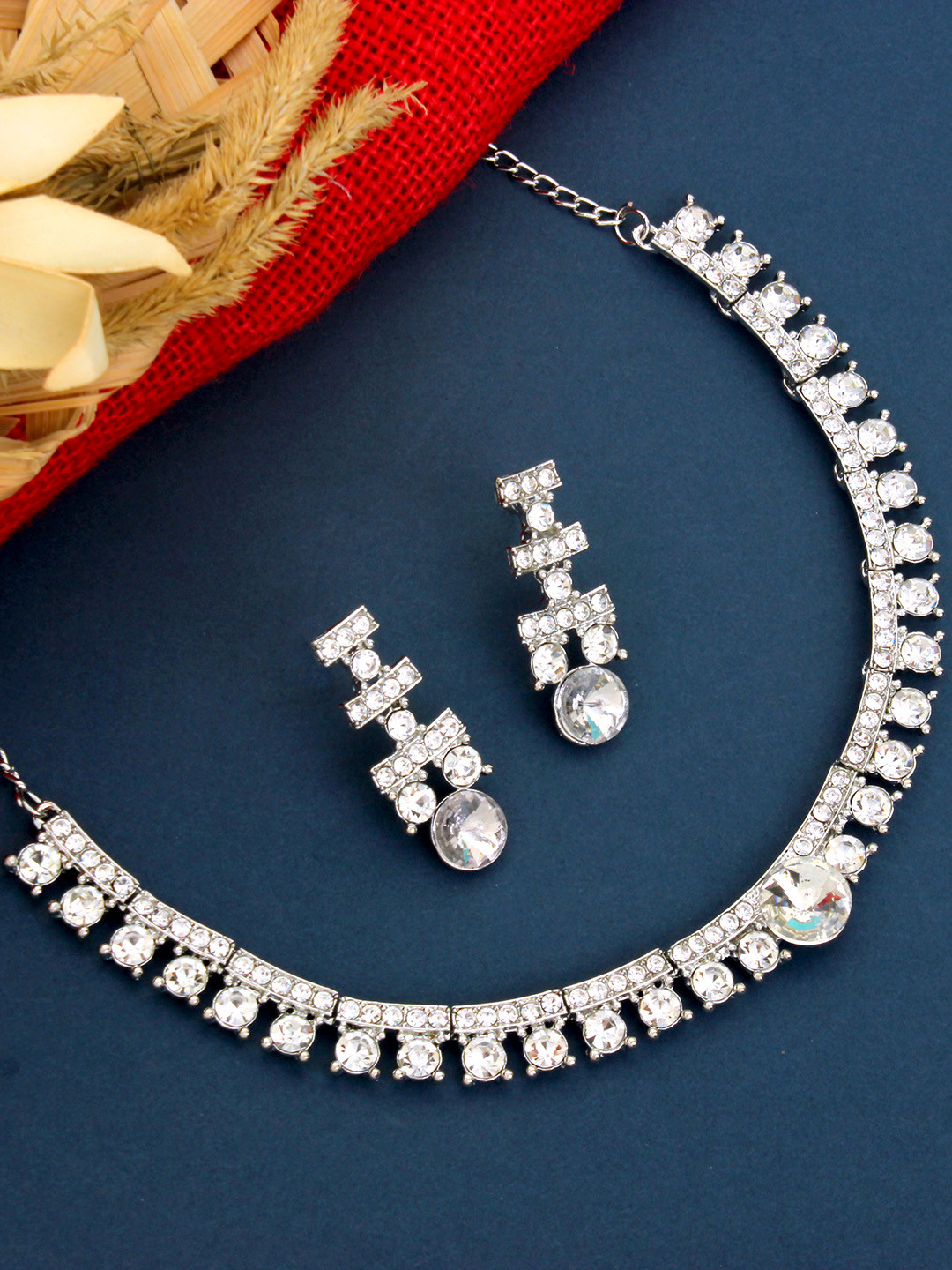 Atasi International Silver-Plated White Crystal-Studded Jewellery Set