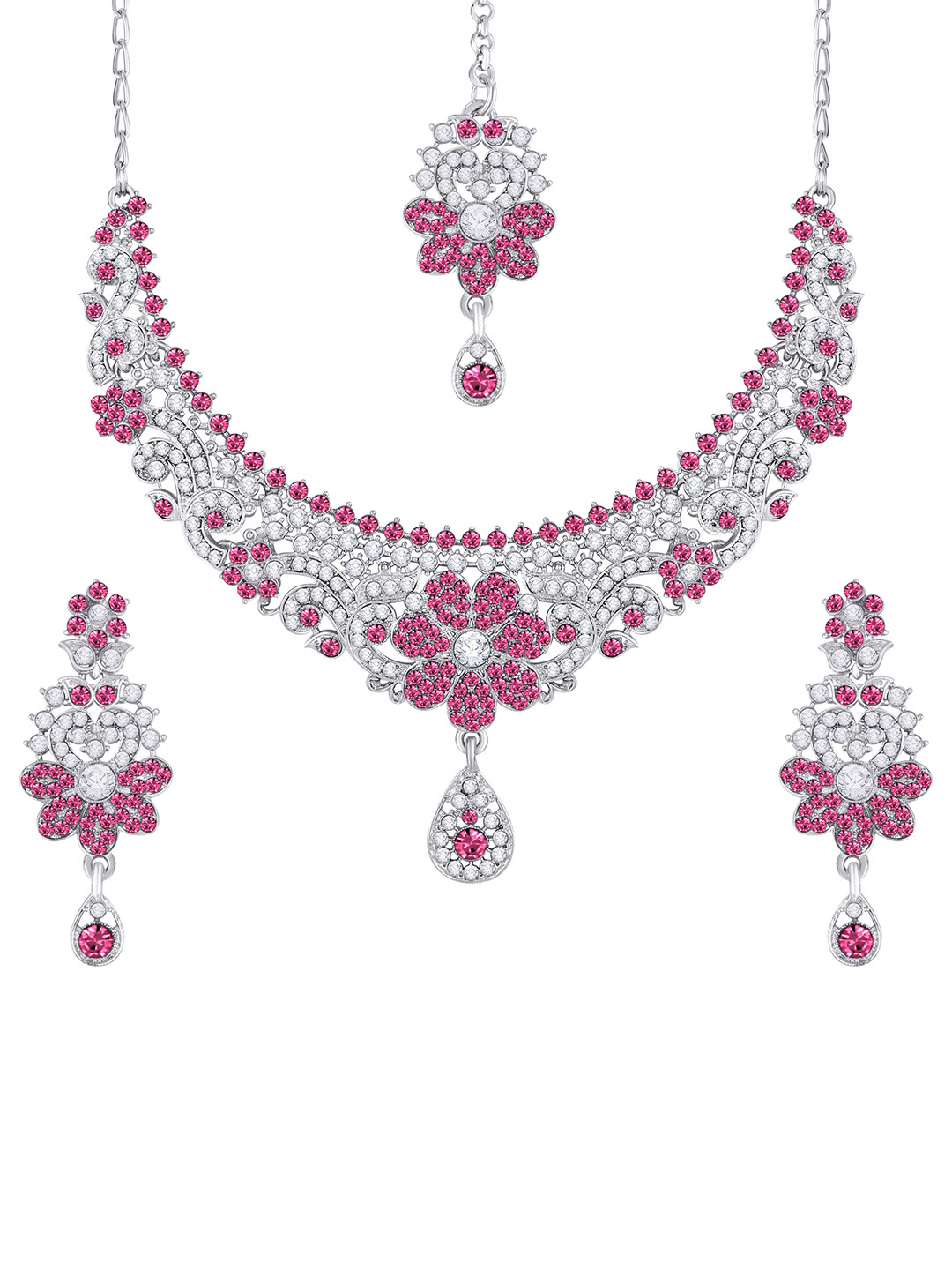 Atasi International Women Silver-Plated White & Pink Crystal Studded Jewellery Set