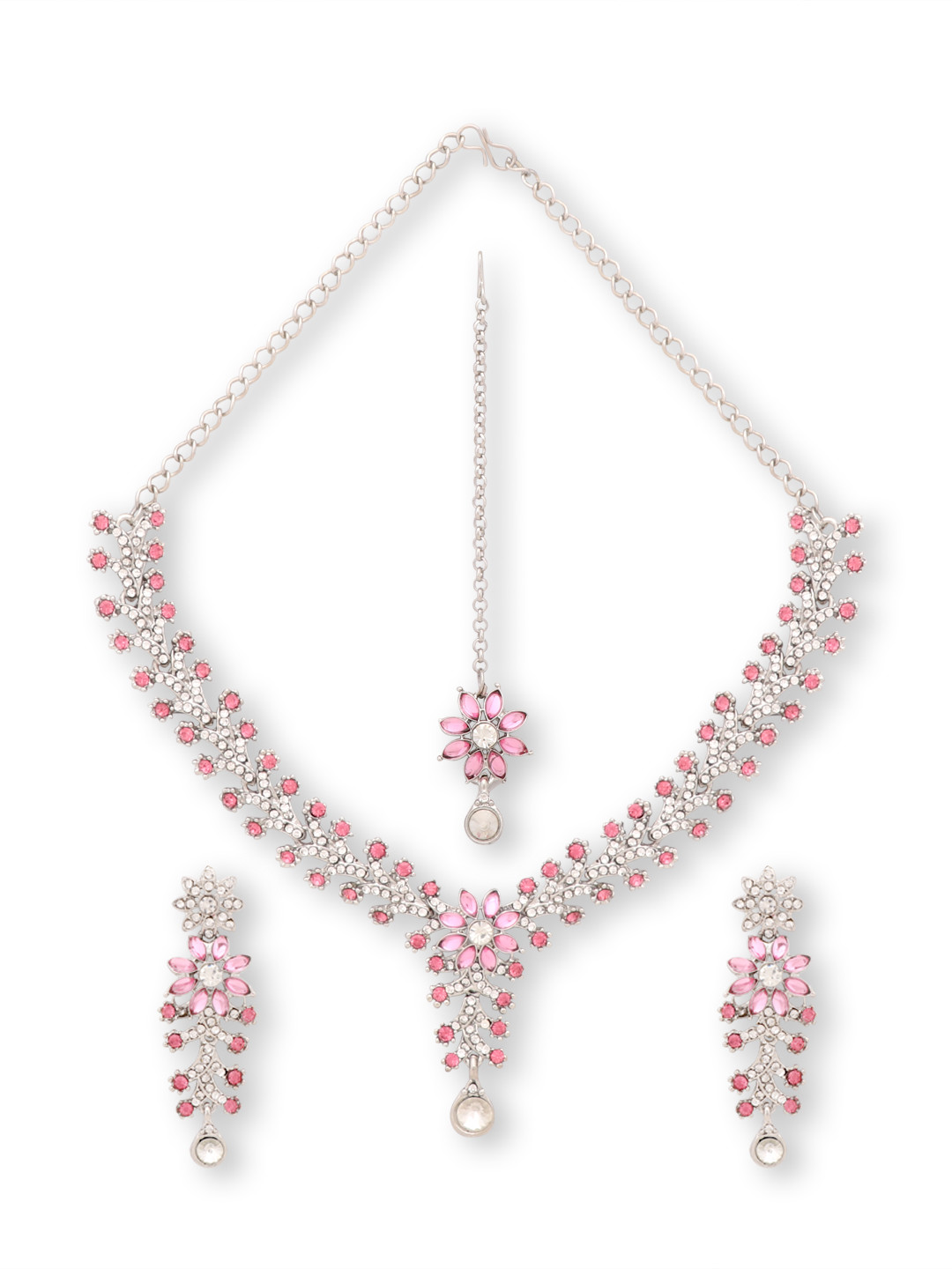 Atasi International Silver-Plated White & Pink Crystal Studded Jewellery Set