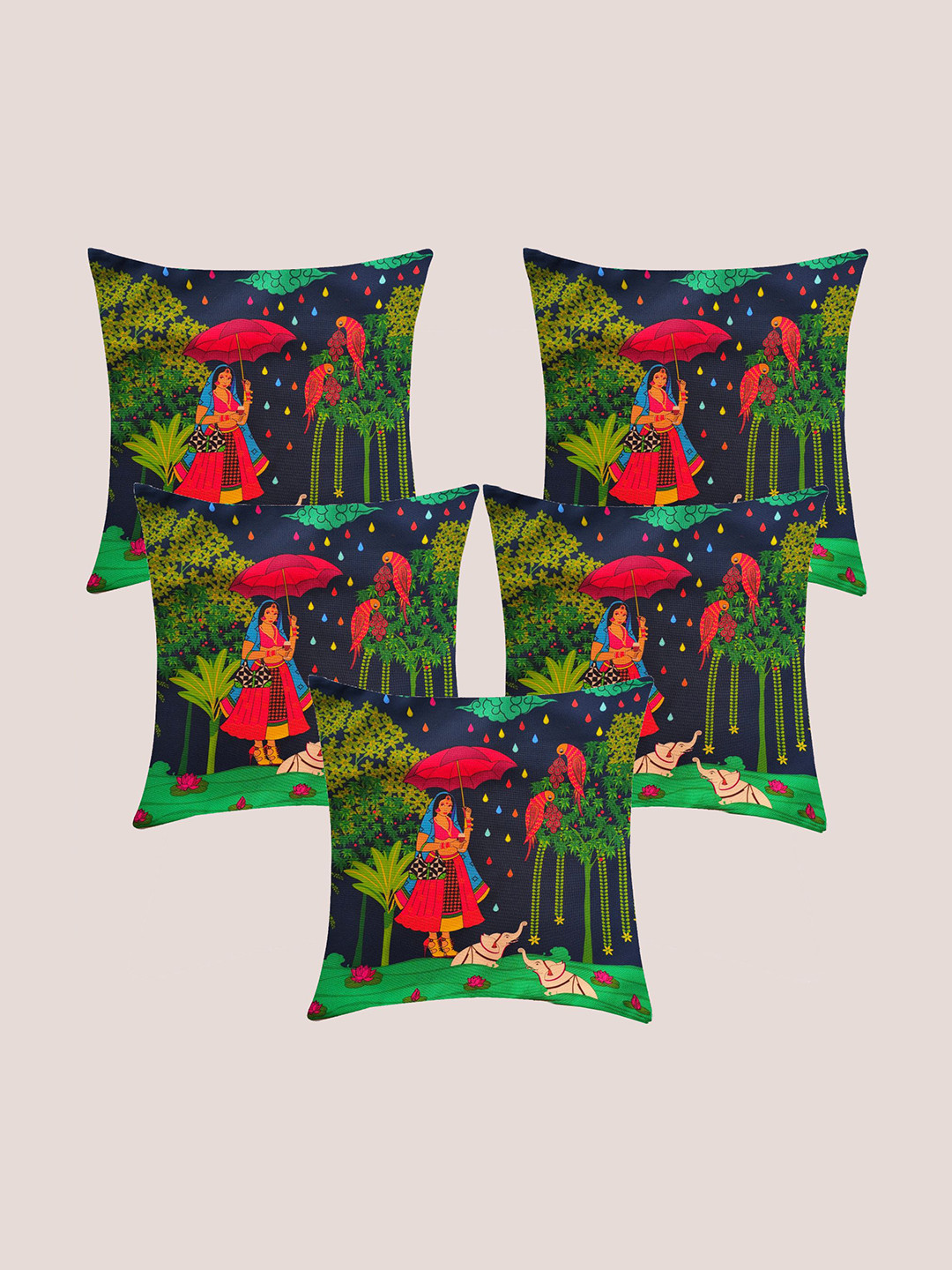 Molcha Green & Red Set of 5 Quirky Square Polycotton Cushion Covers