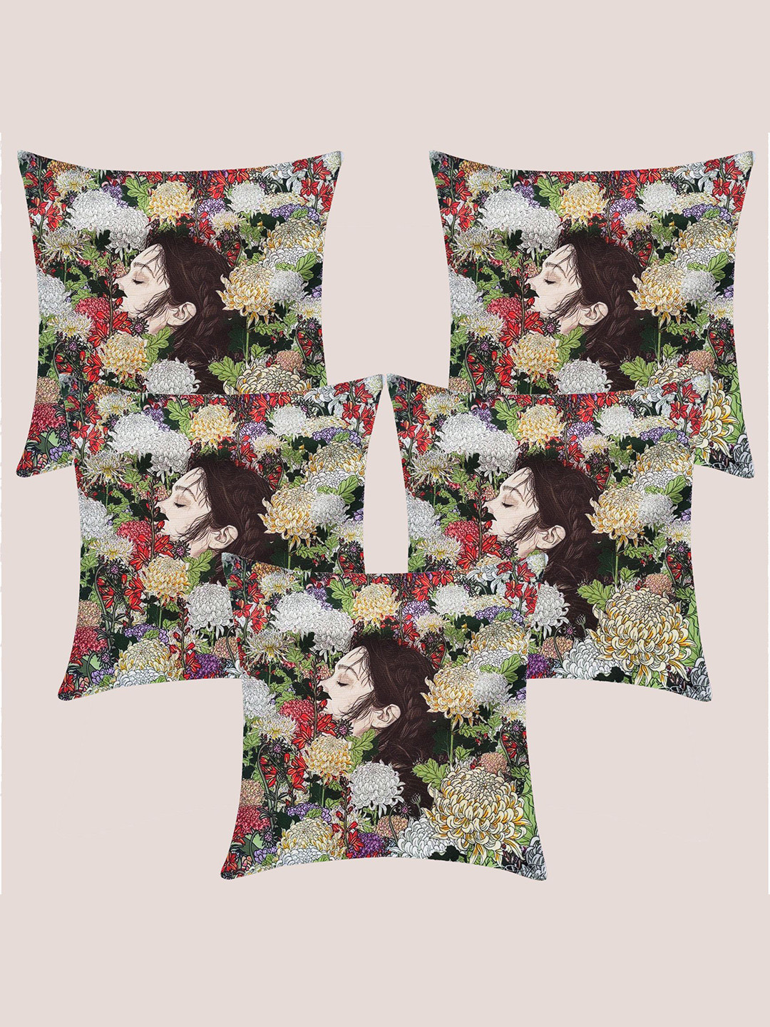 Molcha Green Graphic Polycotton HD Digital 5 Piece Square Cushion Covers -16x16In