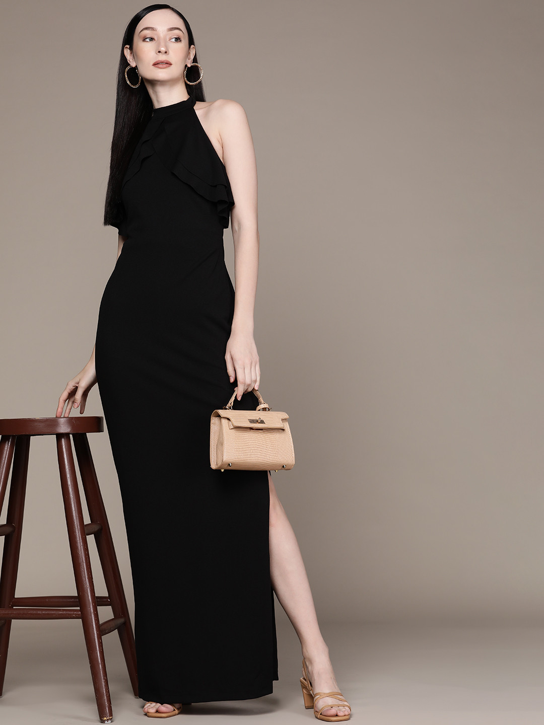bebe Midnight Black Halter Neck Maxi Dress