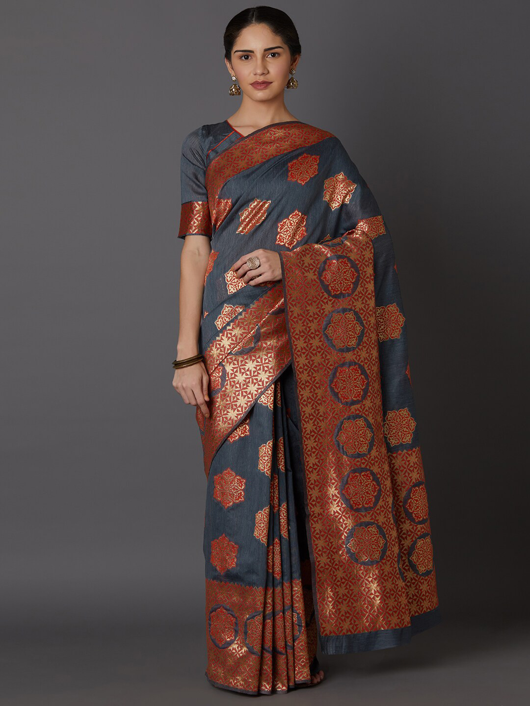 Mitera Grey & Red Woven Design Zari Silk Blend Kanjeevaram Saree