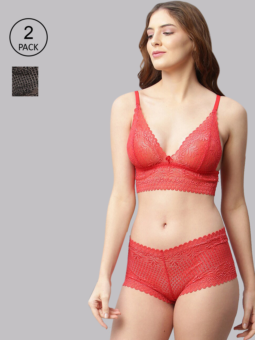 CUKOO Women Pack Of 2 Black & Red Solid Lace Lingerie Set BPP21-062