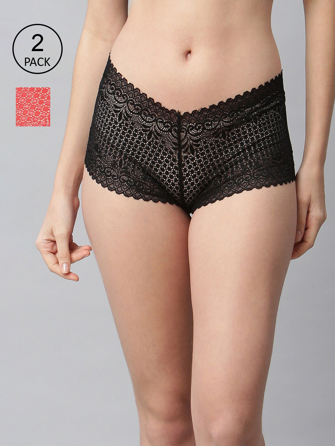 CUKOO Pack Of 2 Women Black & Red Solid Hipster Lace Briefs