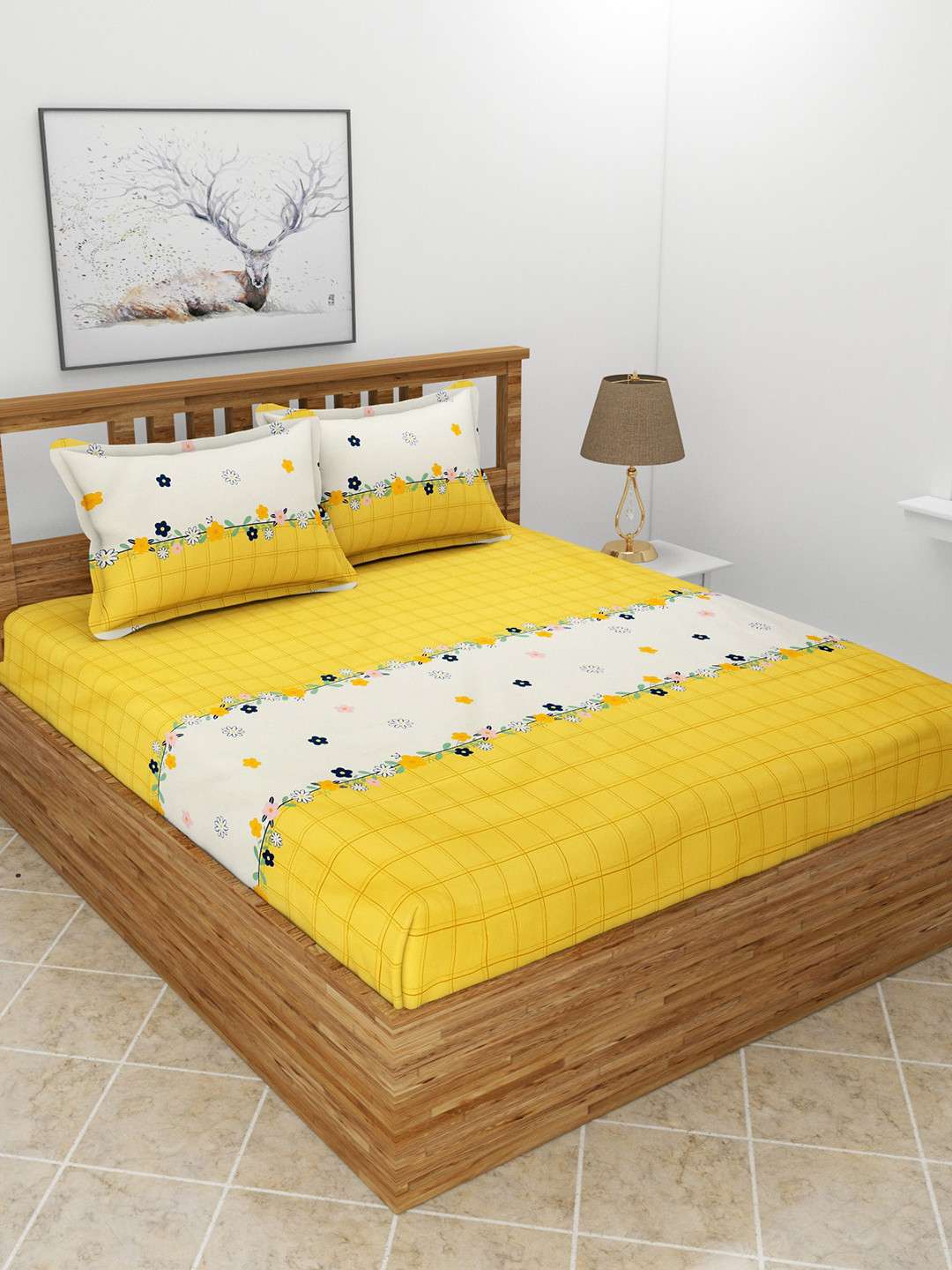 MORADO Yellow Floral Polycotton 210 TC Queen Fine Bedsheet with 2 Pillow Covers-254 x 228 cm