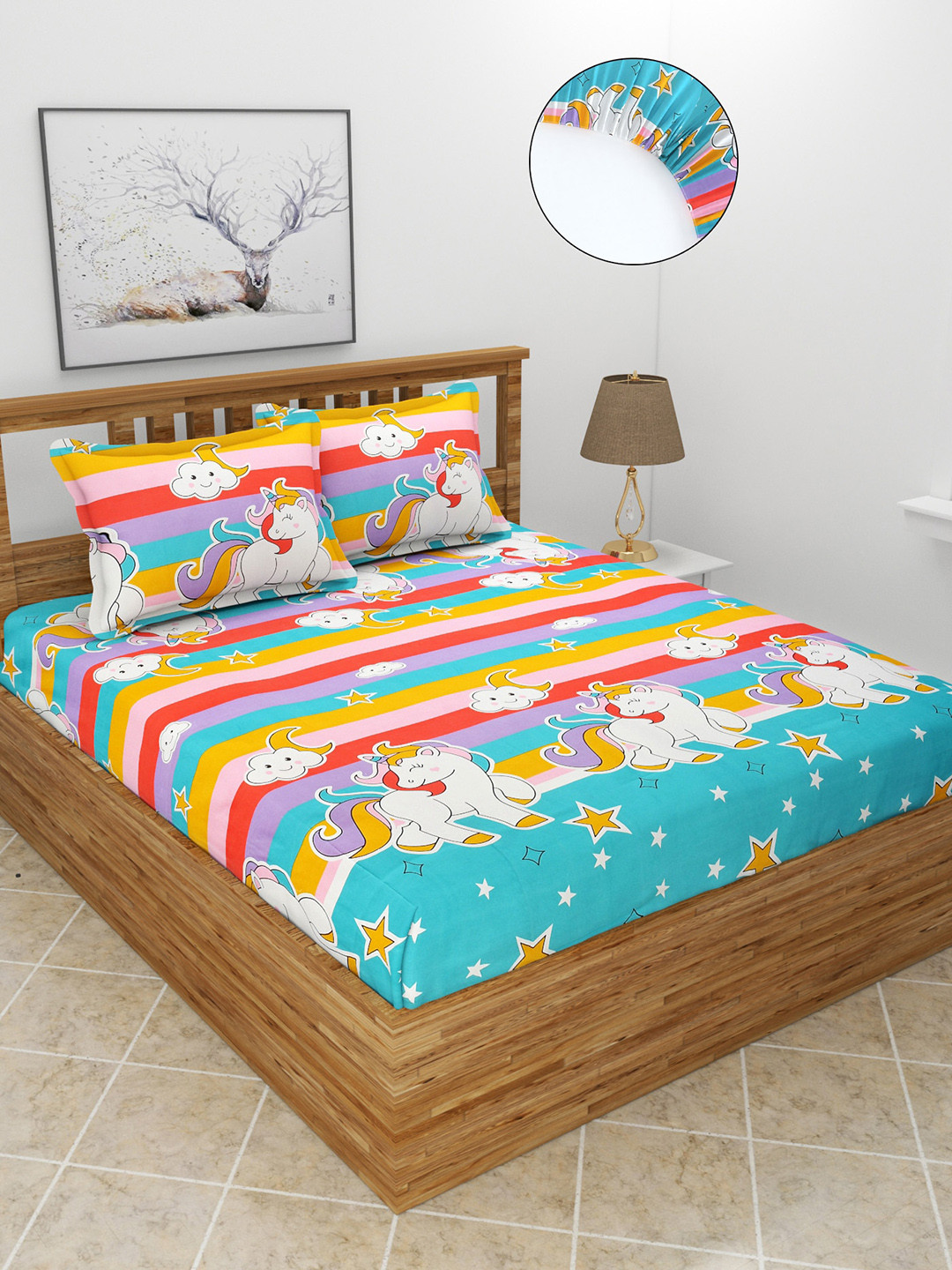 MORADO Unicorn Blue Cartoon Characters Polycotton 180 TC Fitted Queen Fine Bedsheet with 2 Pillow Covers-78 x 72 inches